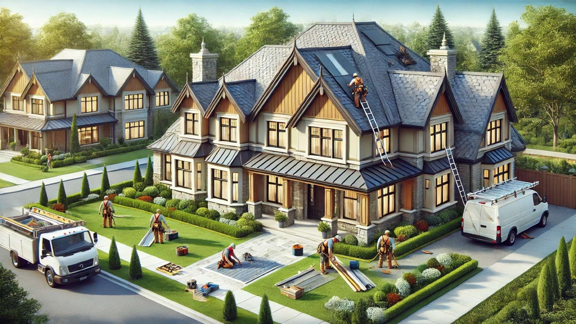 roofers working on a luxury home's new high-end roof installation, emphasizing craftsmanship, precision, and architectural elegance