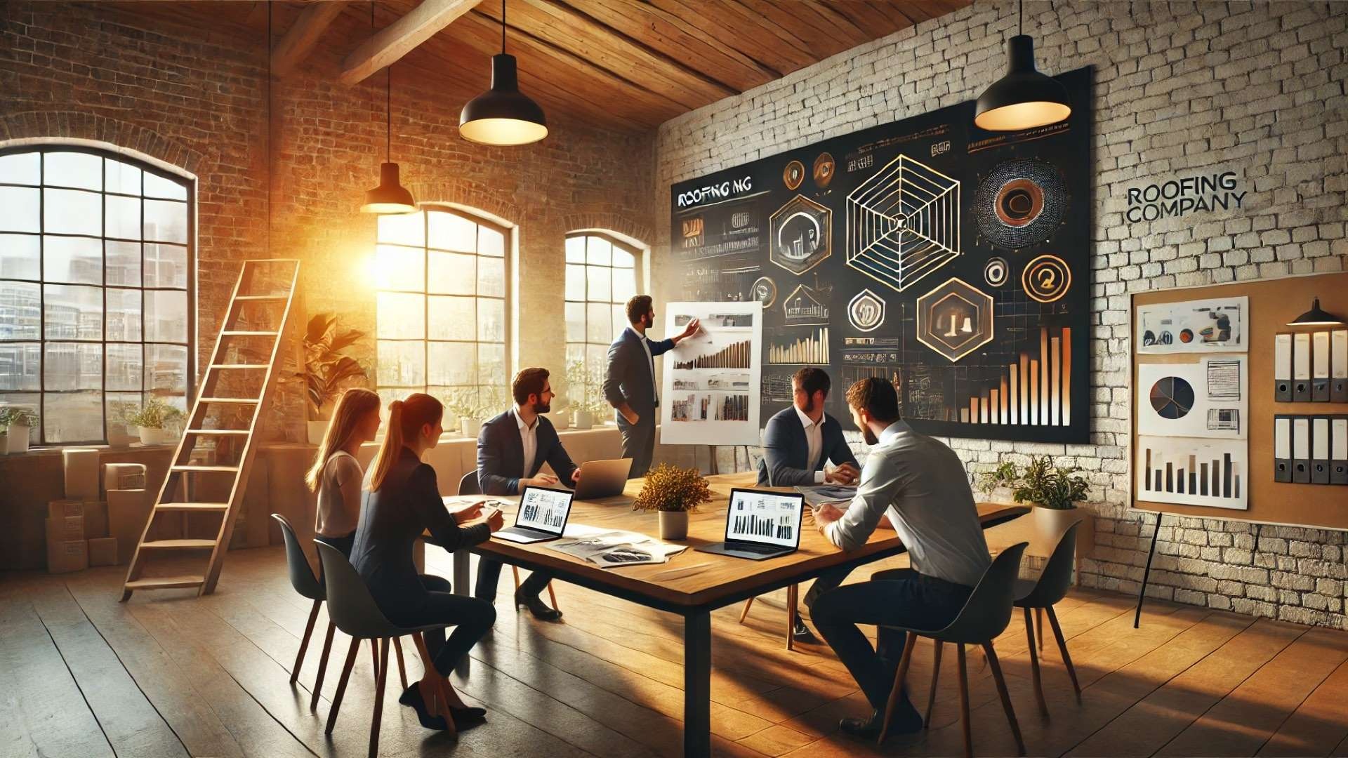 A roofing company’s marketing team collaborates in a modern office, reviewing charts, analytics, and digital strategy boards to build a vendor-free lead system.