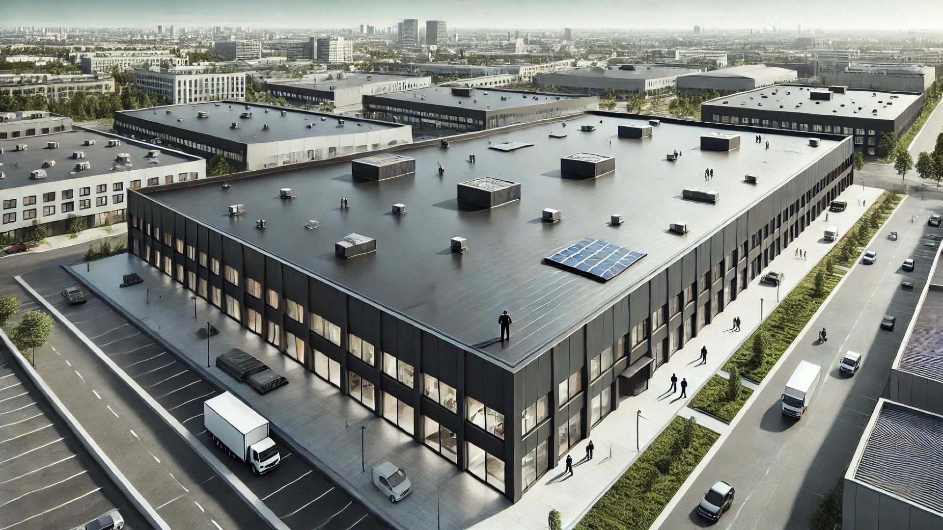 Large modern commercial building with a smooth black flat roof, rooftop equipment and a small solar panel array, surrounded by streets, parked vehicles, and nearby low-rise buildings.