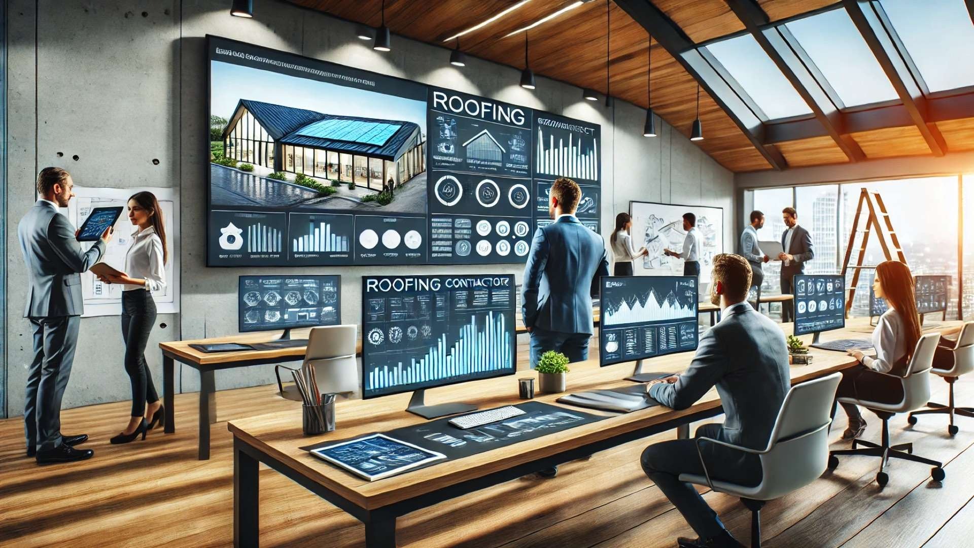 modern roofing contractor’s office environment where technology, teamwork, and innovation drive efficient project management