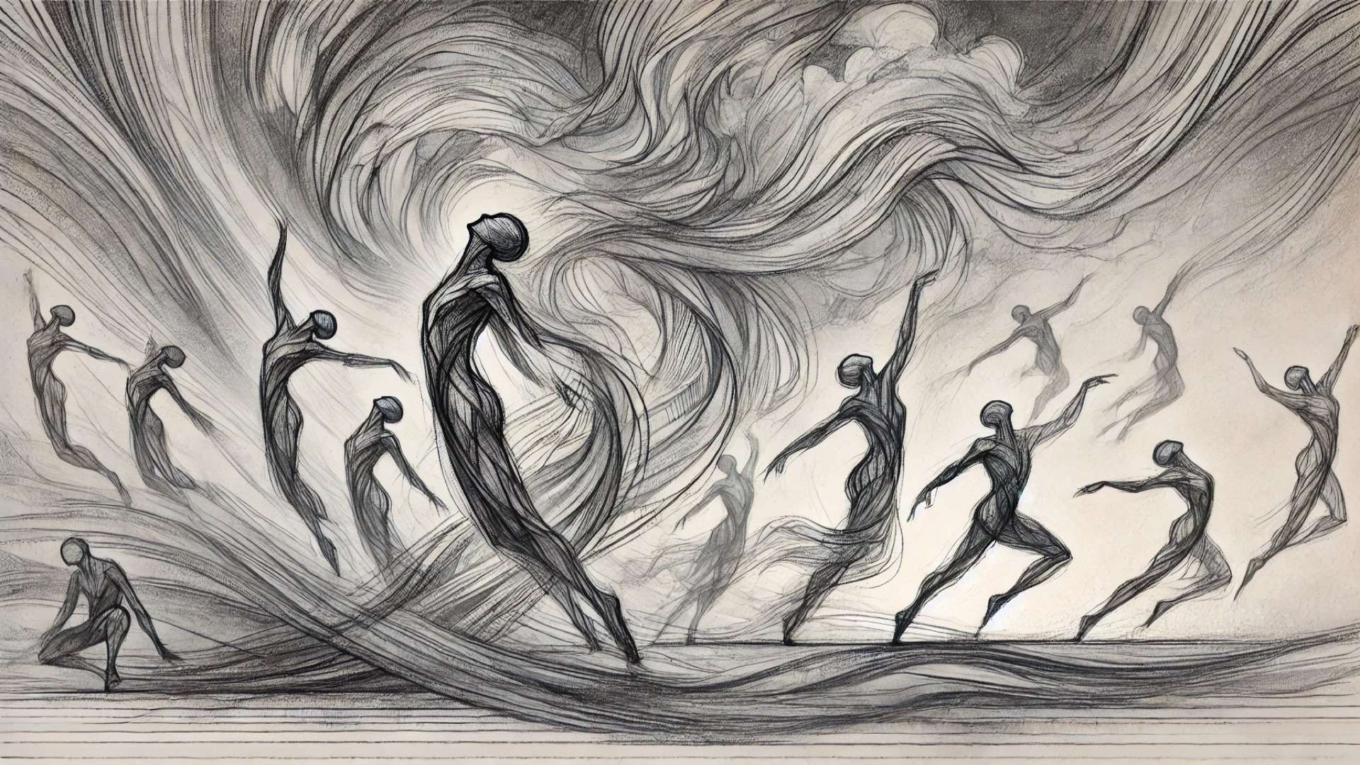 Hand-drawn pencil-style animation scene with abstract human figures morphing and flowing across a dreamlike landscape of swirling graphite lines and soft light.