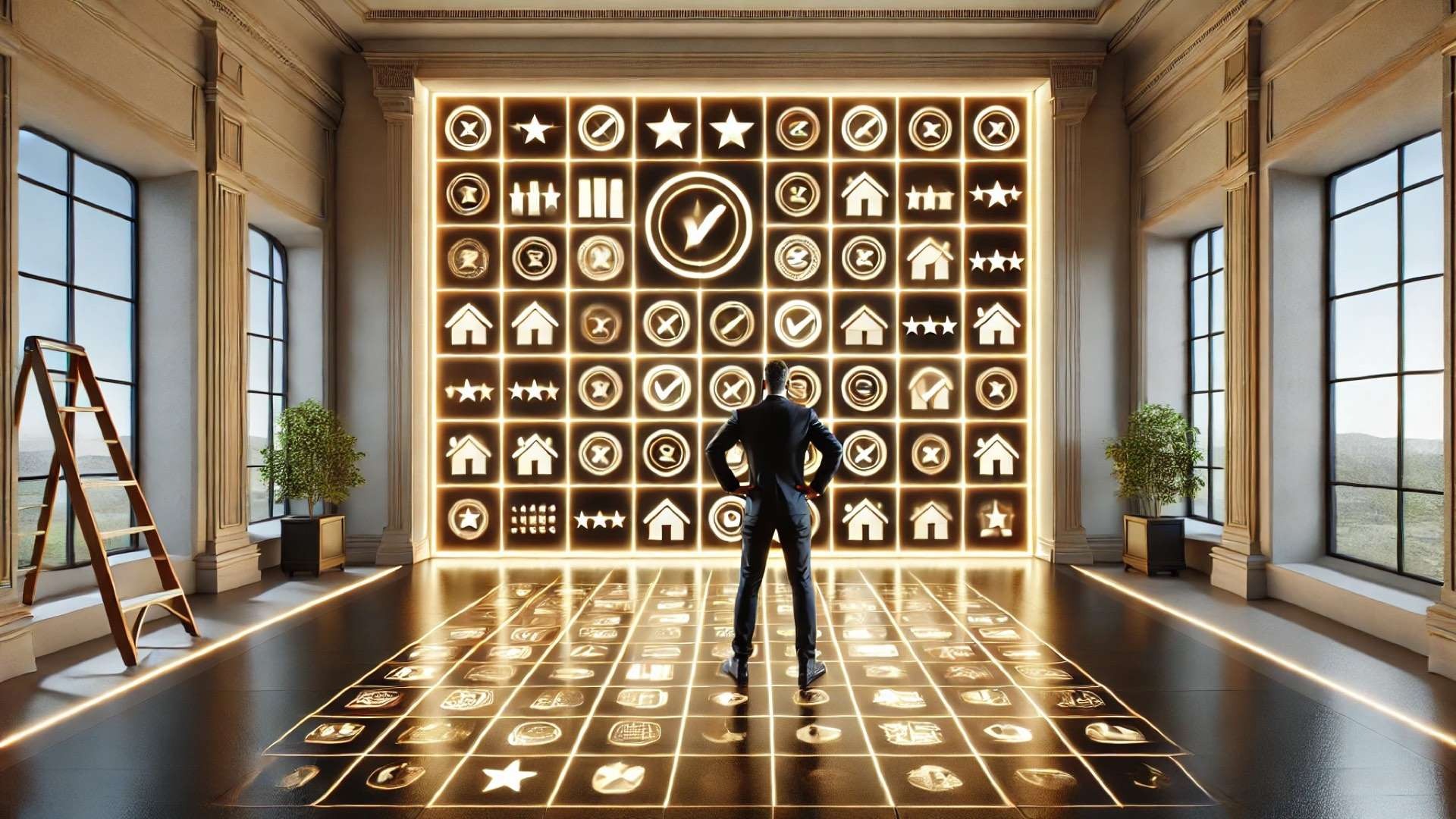 A man stands before a massive illuminated wall of icons representing reviews, proof, trust, and expertise—symbolizing authority-driven roofing lead generation.