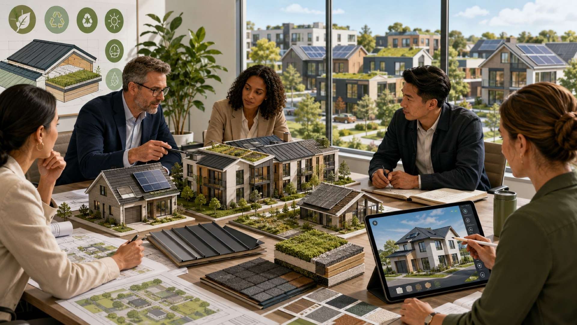 A group of housing and design professionals meet around a table covered with roof material samples, site plans, and model buildings, while a tablet displays a home-visualization rendering and solar-equipped homes appear outside the window, illustrating collaborative planning around sustainable housing and roofing solutions.
