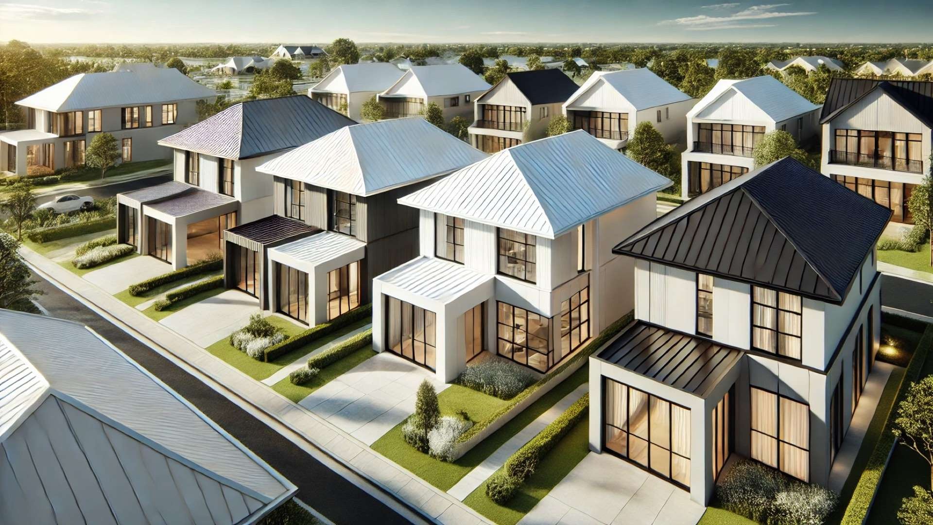 showcasing luxury low-slope roofs using TPO, PVC, and EPDM membranes, each integrated into modern residential architecture with distinct visual cues highlighting their unique properties