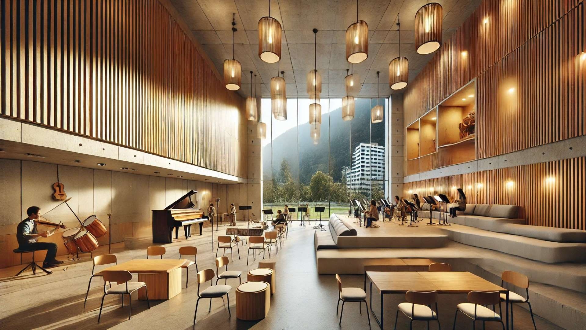 Music Practice Building, reflecting the architectural blend of acoustic function, warmth, and environmental awareness