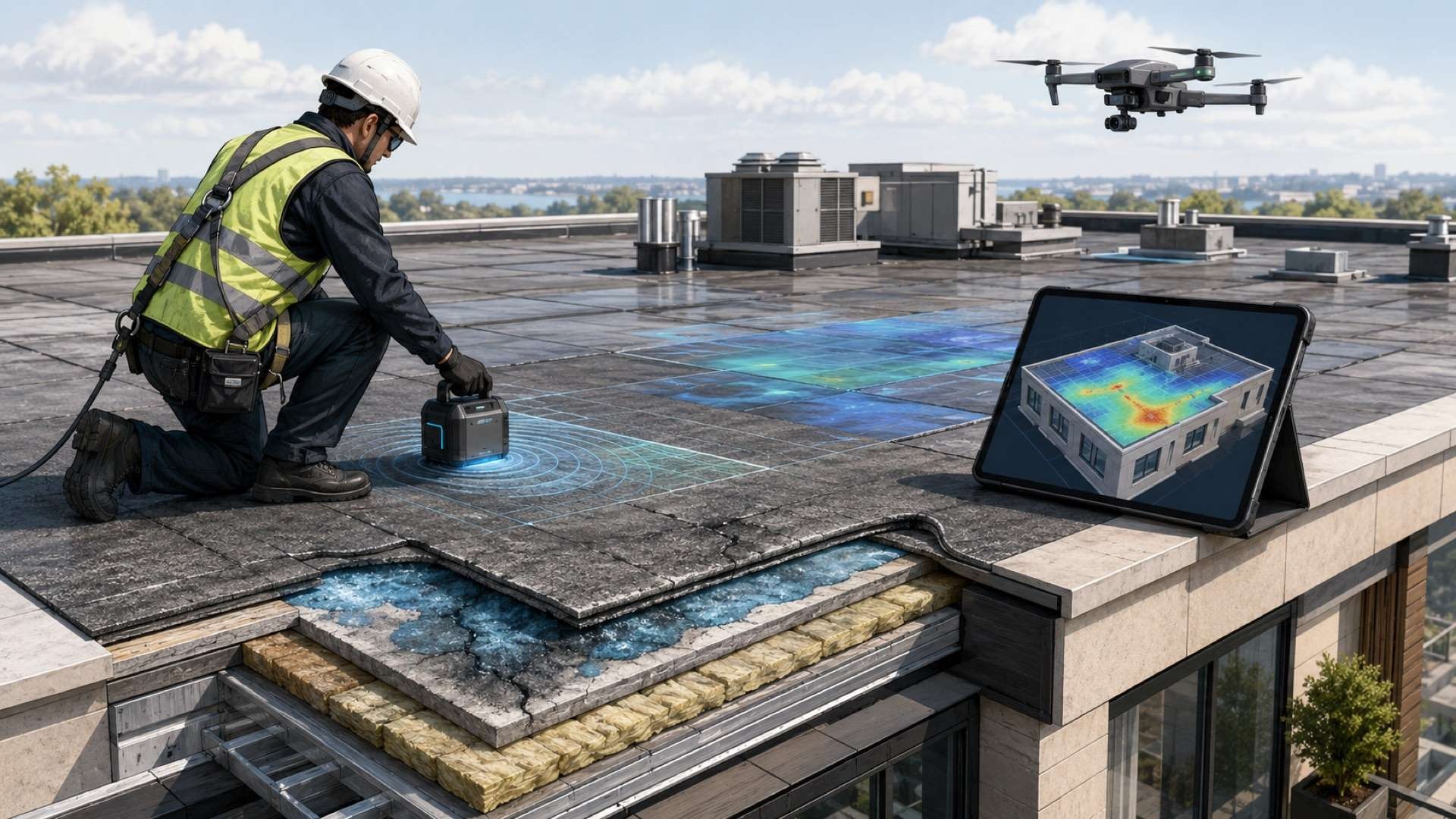 A roofing inspector kneels on a flat commercial roof using a handheld scanning device while a drone hovers overhead, with digital heat-map overlays, a tablet showing a 3D roof model, and a cutaway section revealing hidden moisture and insulation layers beneath the roofing surface.