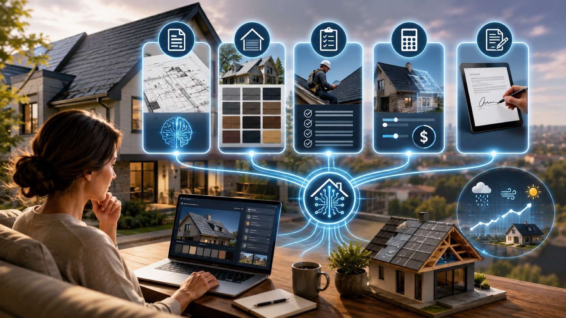 A homeowner sits at a desk with a laptop and a small house model while glowing digital panels display roof documents, color options, inspection planning, pricing, and e-signing tools, illustrating an AI-powered platform for managing roofing decisions.