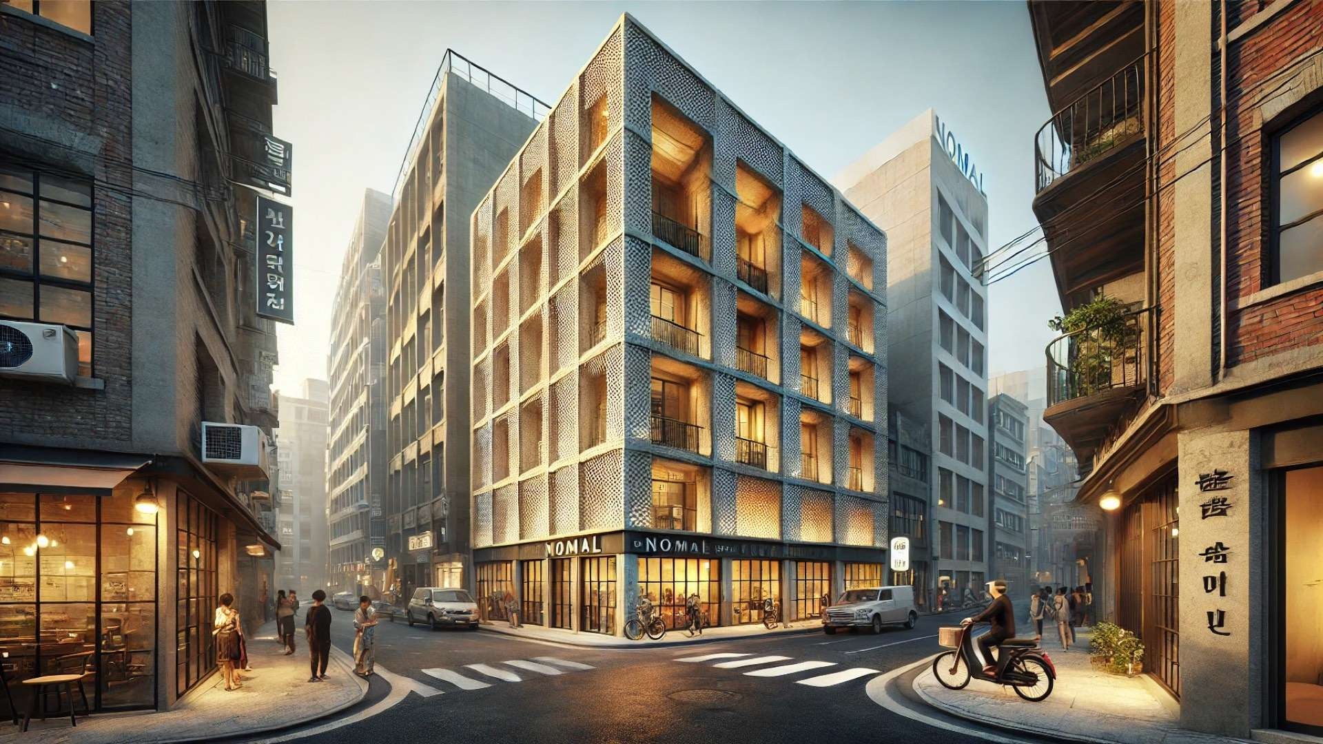 renovated Cracker building in Seoul’s Sinchon district, blending its modern perforated brick façade with the nostalgic atmosphere of the neighborhood