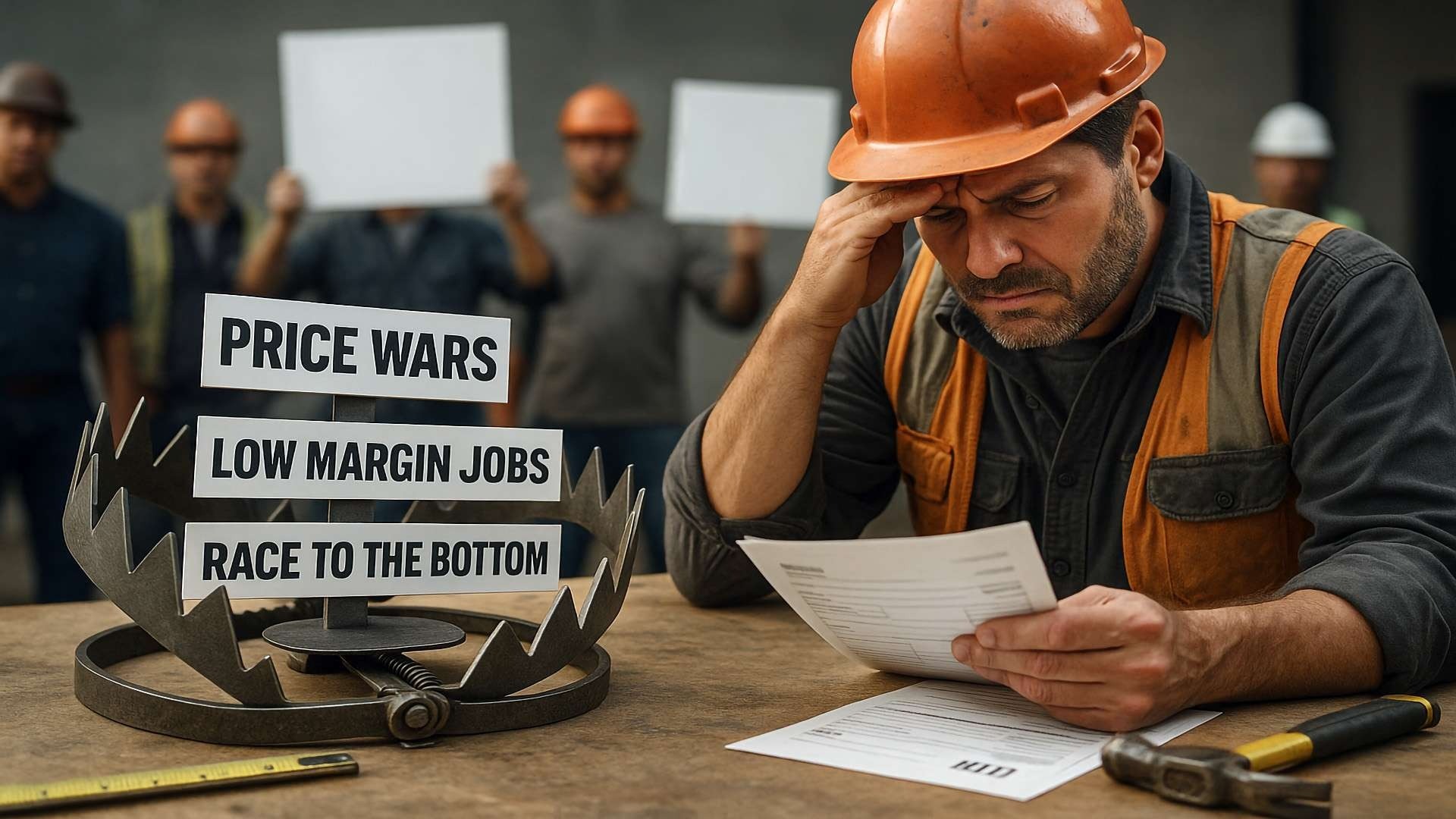 Roofer looking stressed over paperwork next to a metal trap symbolizing roofing price wars.