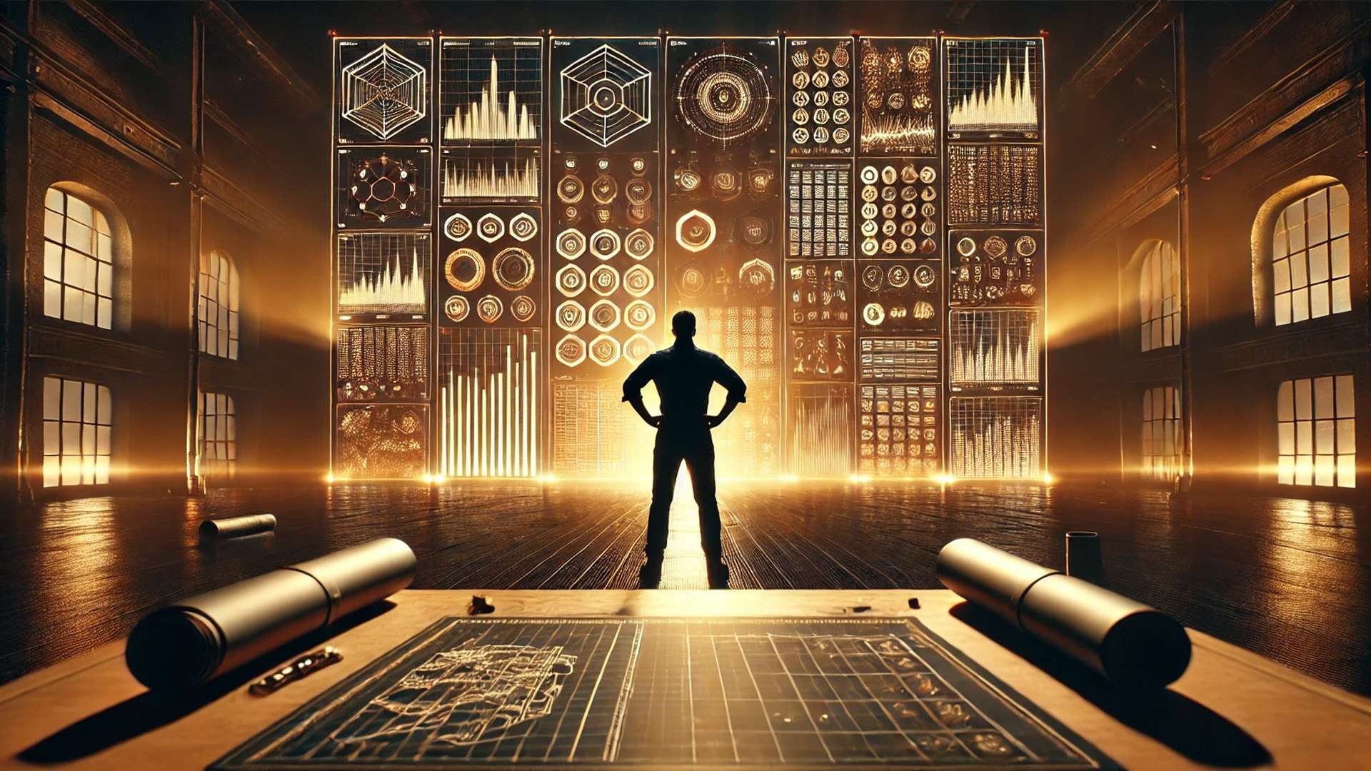 A roofing contractor stands before a wall of glowing performance dashboards, symbolizing the pressure of reacting to Angi lead metrics instead of controlling a true marketing system.