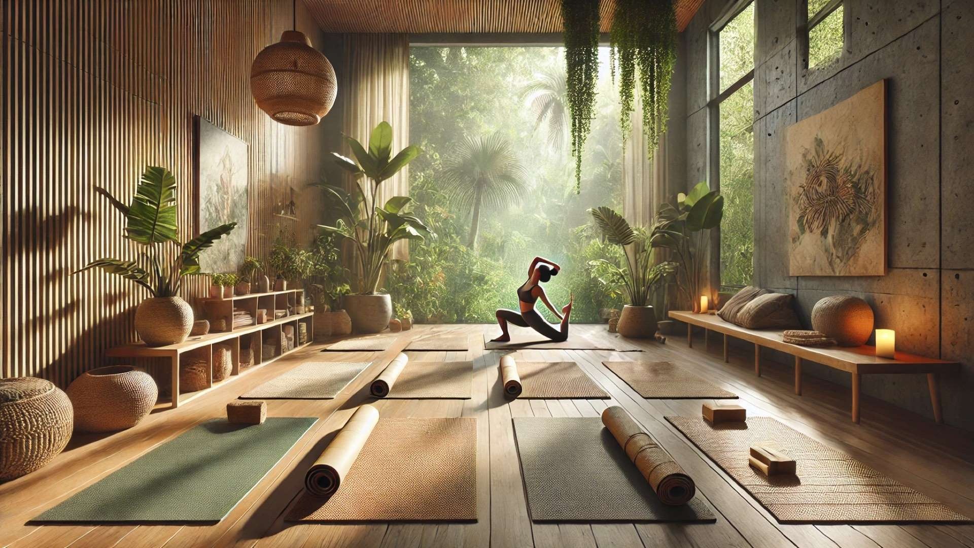 serene and eco-conscious yoga space, emphasizing sustainability through natural light, cork and rubber mats, indoor plants, and mindful design