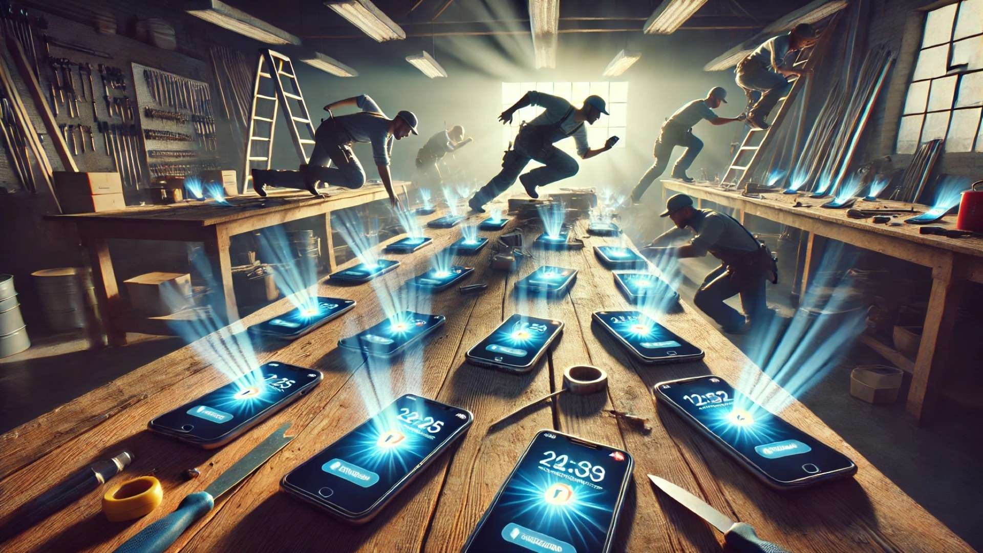 Multiple contractors rush toward glowing phone alerts scattered across a workspace, symbolizing the chaotic race created by lead marketplaces.