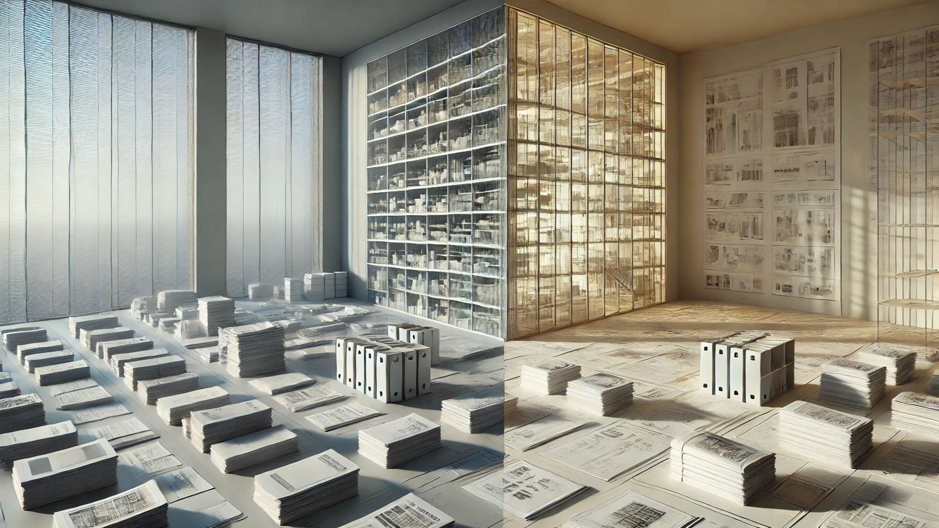 A large room divided visually into two halves: one side filled with neatly organized stacks of documents and shelving, the other side more loosely arranged with papers spread across the floor.