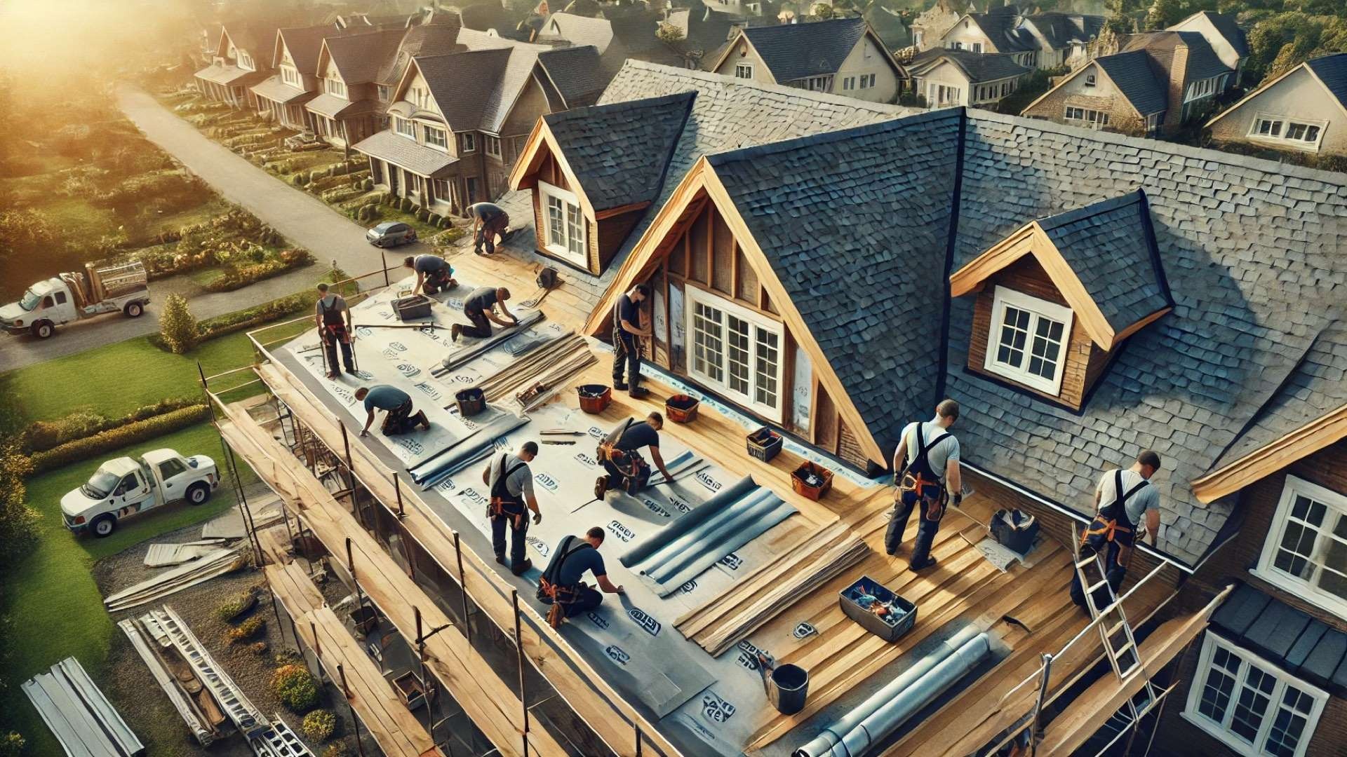 Team of roofing contractors installing underlayment and shingles on a large sloped residential roof, with tools organized and workers using safety gear in a suburban neighborhood.