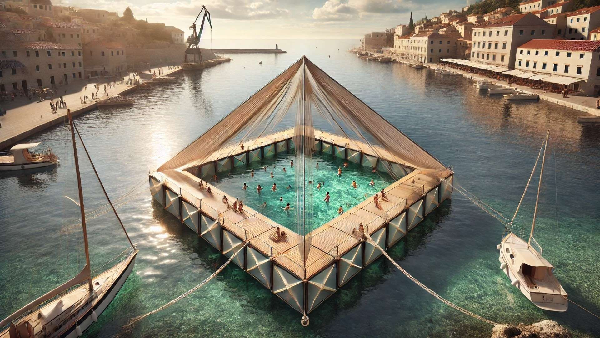 Floating triangular pavilion made of modular recycled elements off a Mediterranean harbor, with swimmers in a central open void and historic port buildings in the background.