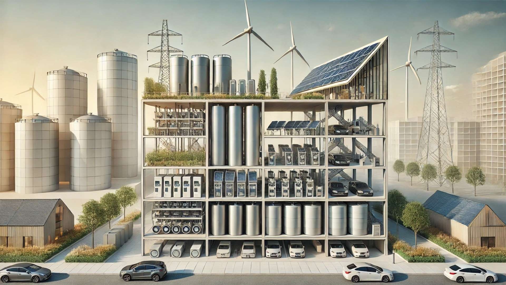 Cross-section of a contemporary building integrating batteries, cylindrical energy tanks, solar arrays, and nearby large storage silos, contrasting compact and large-scale energy systems in a clean, sustainable landscape.
