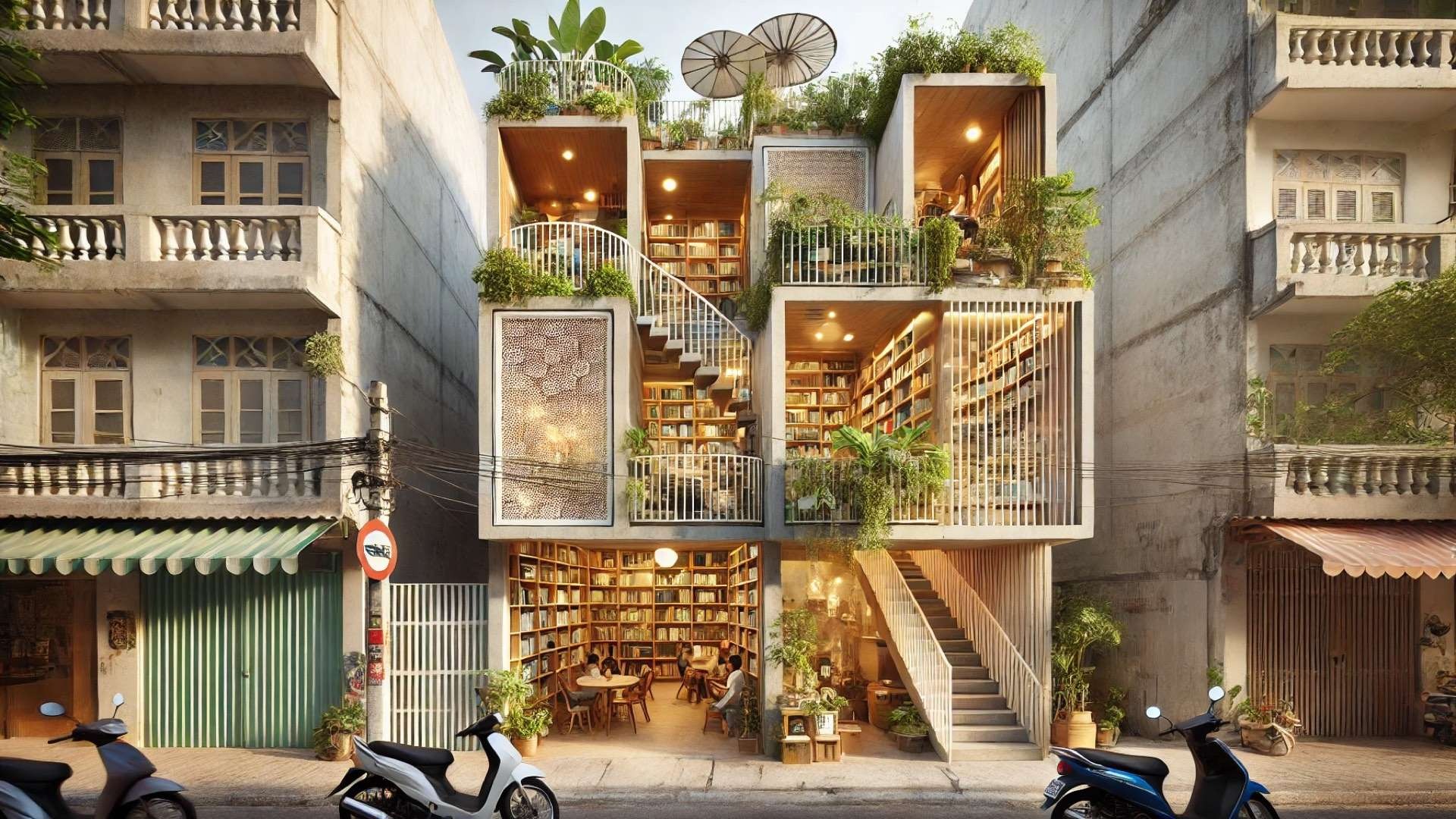 Three-level urban house in Ho Chi Minh City featuring layered reading spaces, balconies filled with books and greenery, open ground-floor library, and scooters parked along a narrow street.