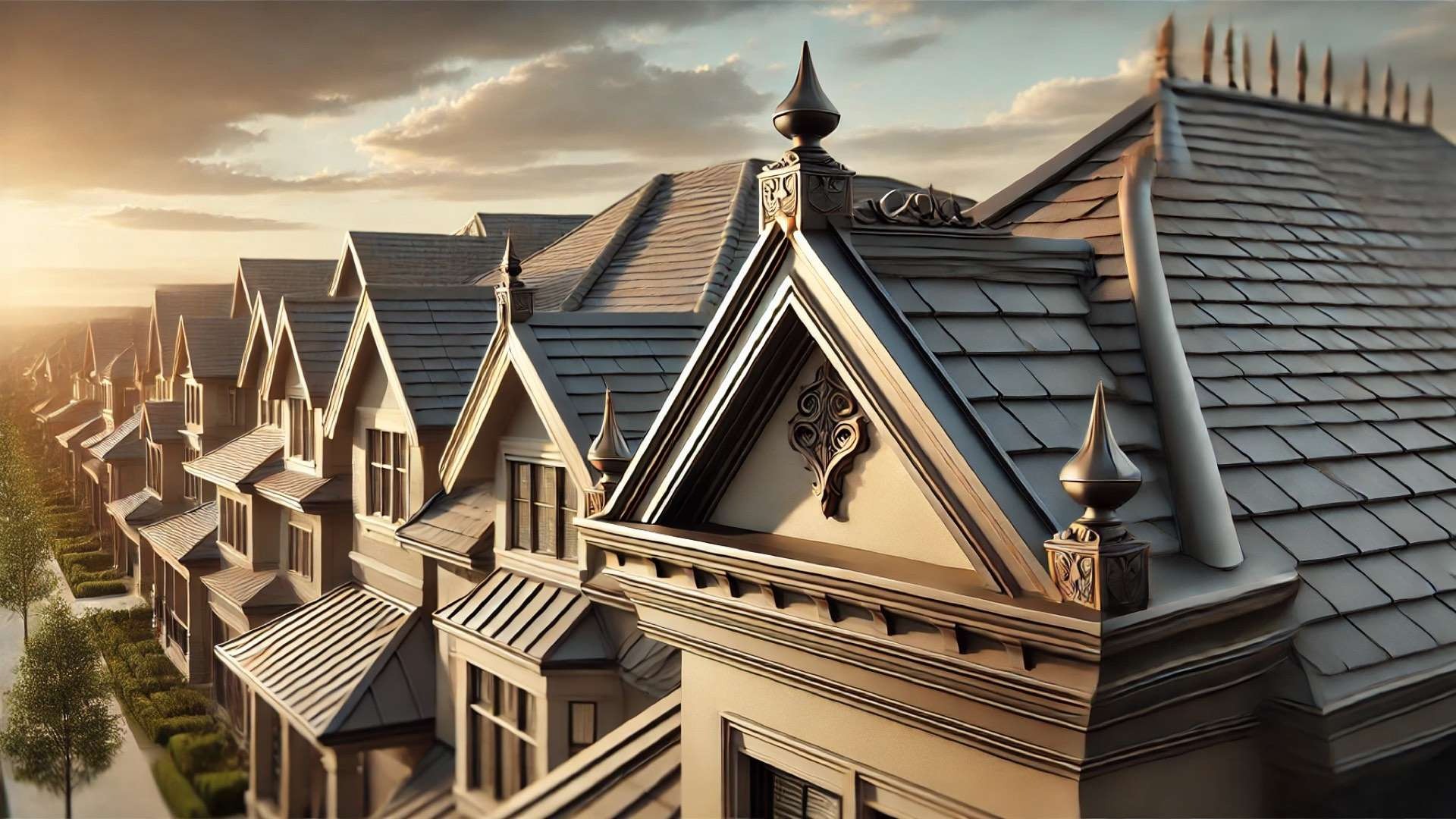Upscale homes at golden hour featuring detailed roof ridges with decorative finials, slate roofing, and ornate architectural craftsmanship.