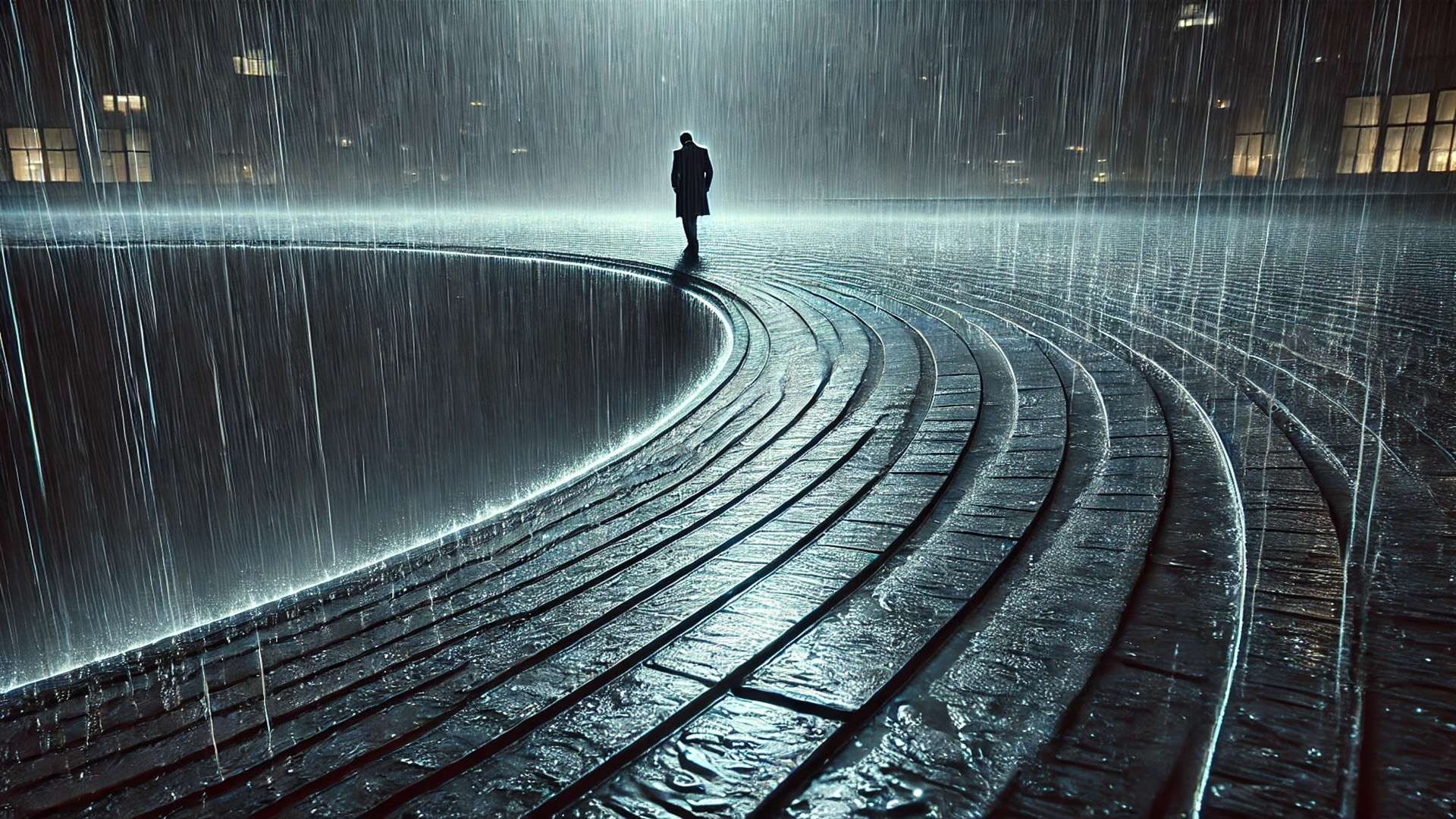A solitary figure in a long coat walks along curved stone steps around a circular opening in a rain-soaked urban setting at night, representing the weight of risk in a high-stakes decision.