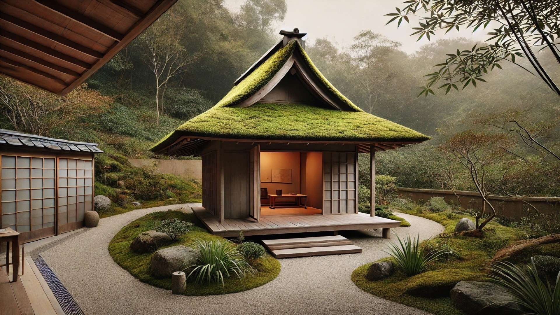 capturing the serene, nature-integrated atmosphere of the Sekiyuan Waiting Area teahouse in Ichihara City