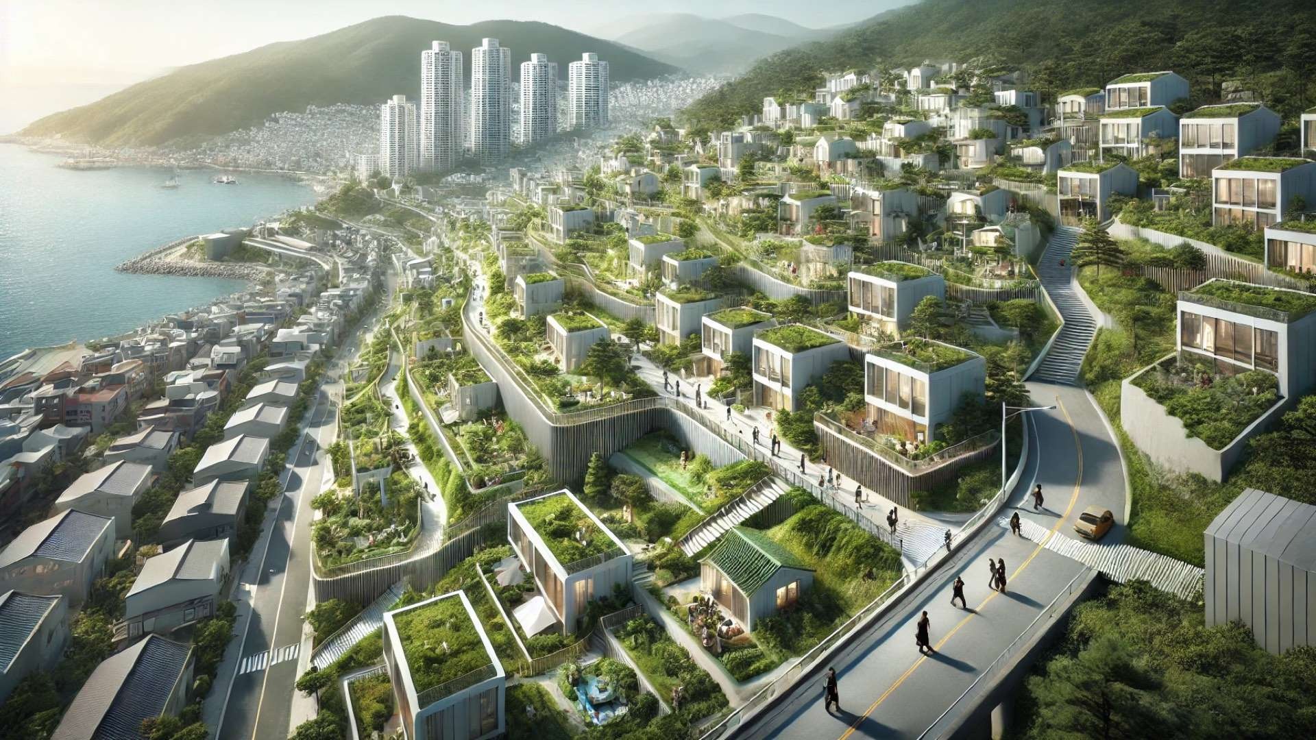 OMA’s visionary hillside masterplan in Busan, highlighting terraced homes, lush slopes, and vibrant communal spaces that blend traditional charm with modern design