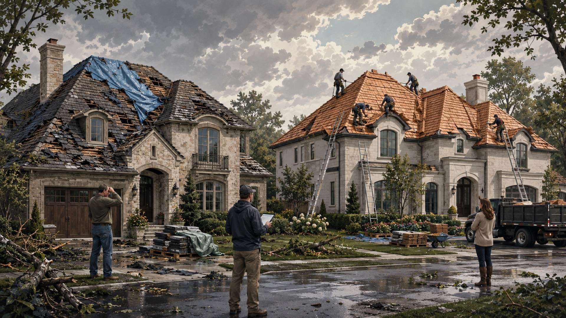 Two neighboring luxury homes are shown after a storm, with one roof badly damaged and tarped while the other is being fully replaced by a crew of roofers, illustrating the contrast between limited and full insurance coverage.