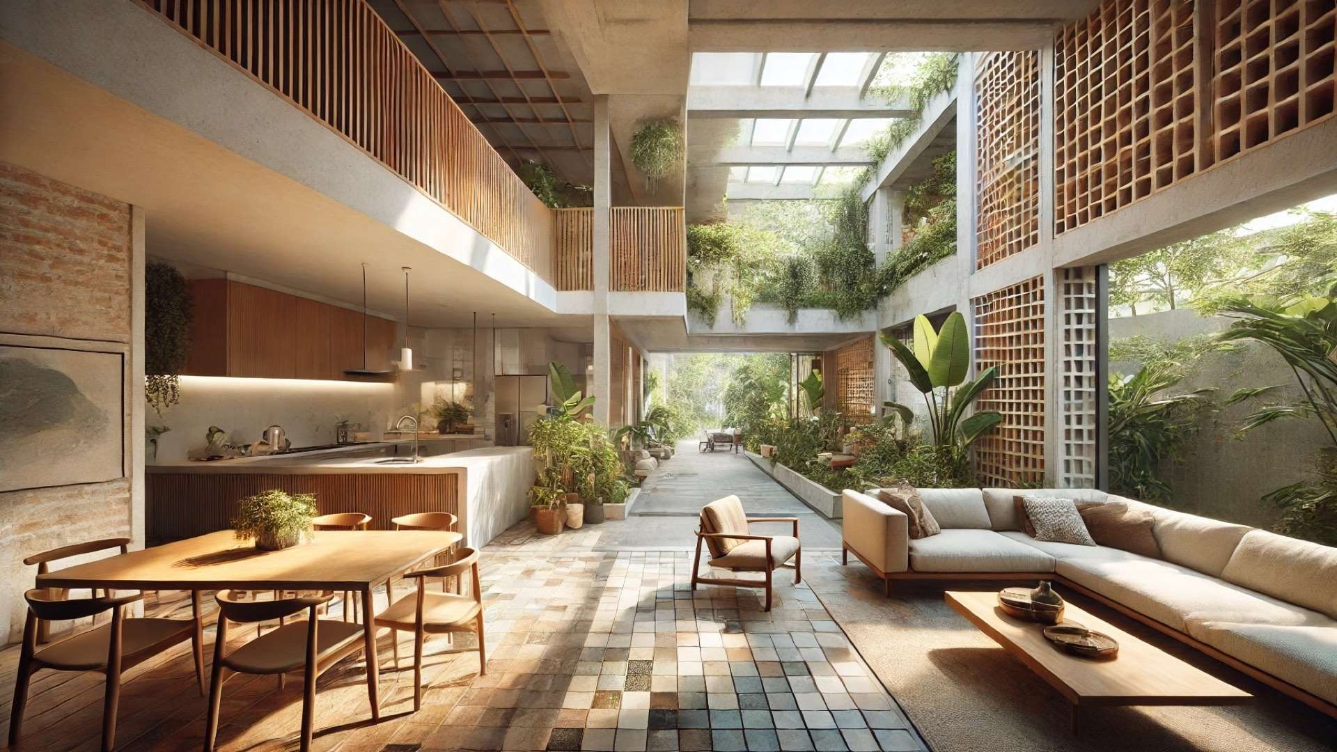Interior view of a renovated Malaysian terrace house featuring an open-plan layout, central airwell, and natural materials like brick, timber, and concrete.