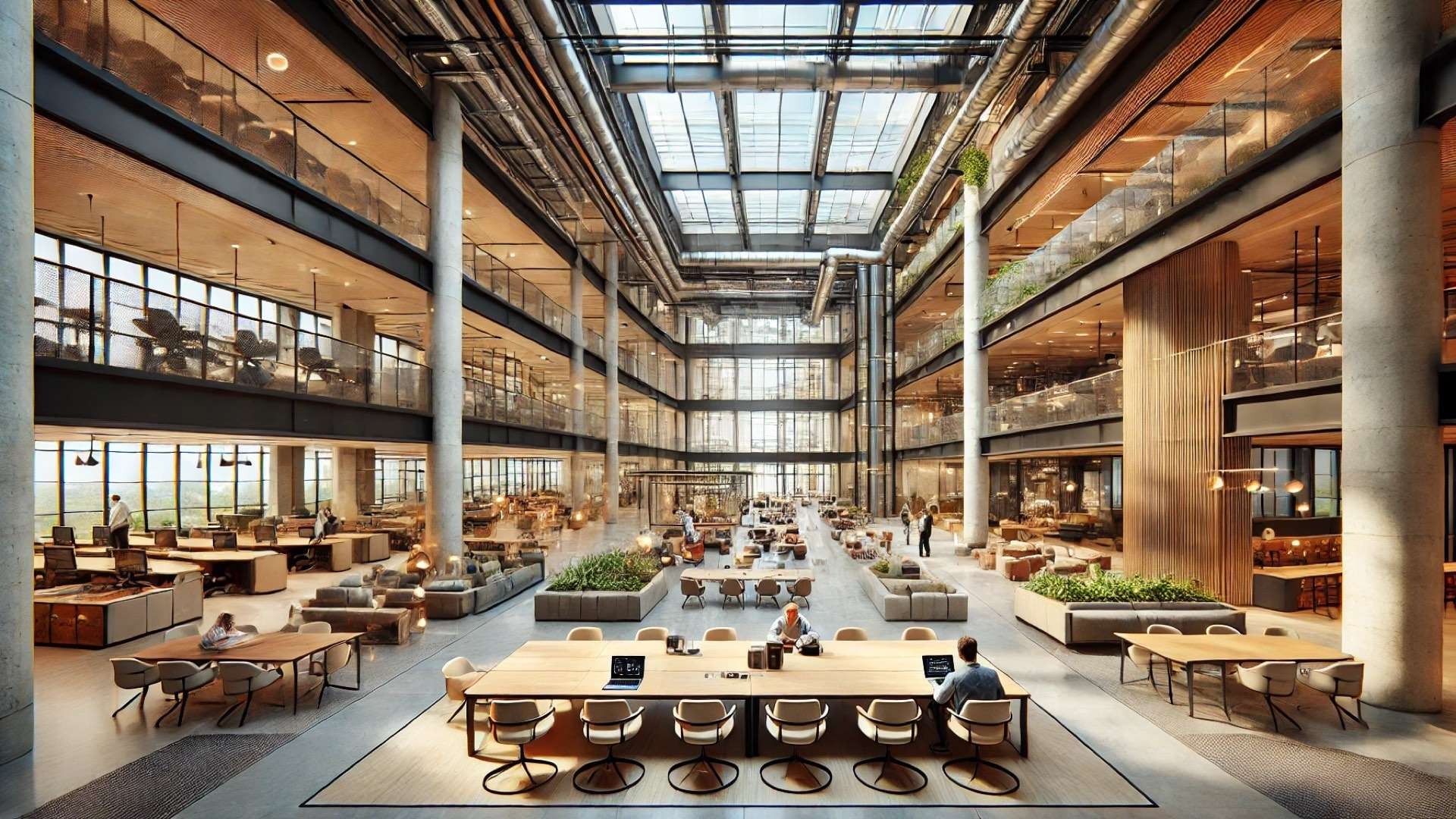 Light-filled contemporary corporate atrium with open ceilings, glass meeting rooms, coworking tables, warm wood accents, and indoor greenery fostering collaboration.