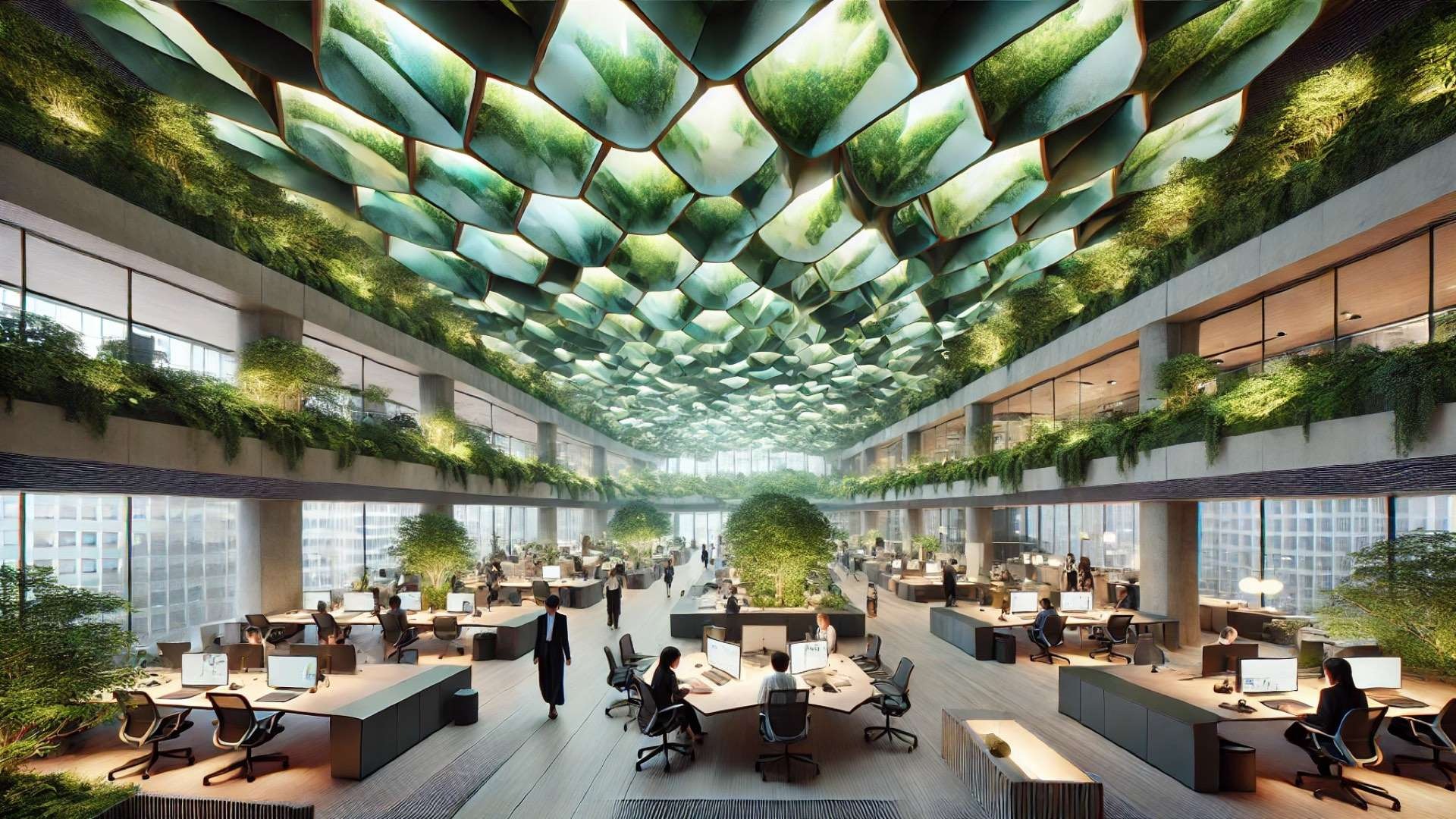 Futuristic Tokyo office interior with glowing polygonal green ceiling panels resembling a forest canopy above collaborative workspaces filled with plants and natural light.