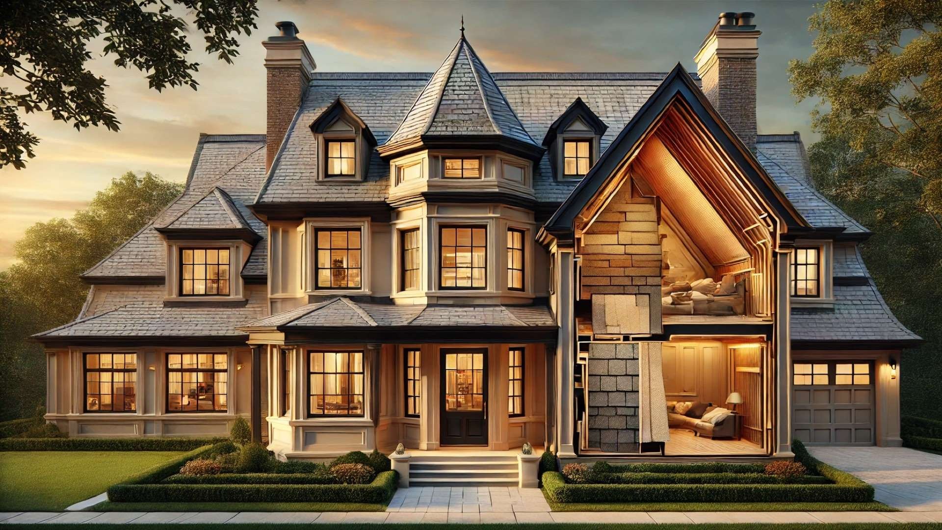 Historic-inspired luxury home with layered composite shingle rooflines and a partial cutaway revealing roof construction beneath warm golden-hour lighting and manicured gardens.