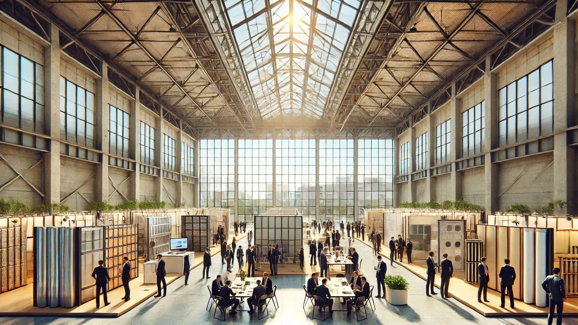 Building enclosure trade show inside a sunlit convention hall, with professionals examining roof mockups, wall assemblies, facade panels, insulation systems, and waterproofing displays beneath exposed steel trusses.