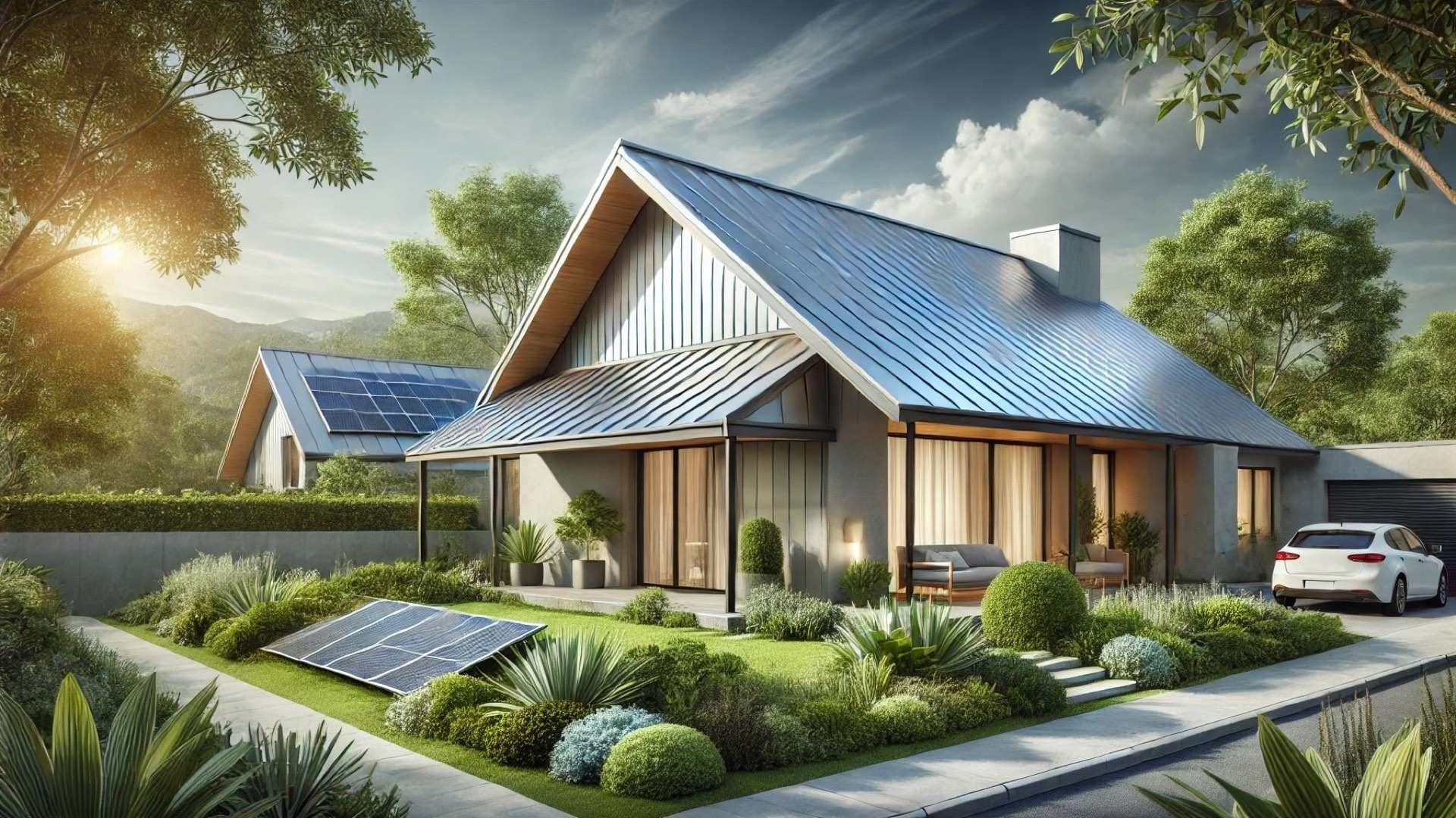 modern sustainable home with a reflective metal roof integrated harmoniously into its green surroundings