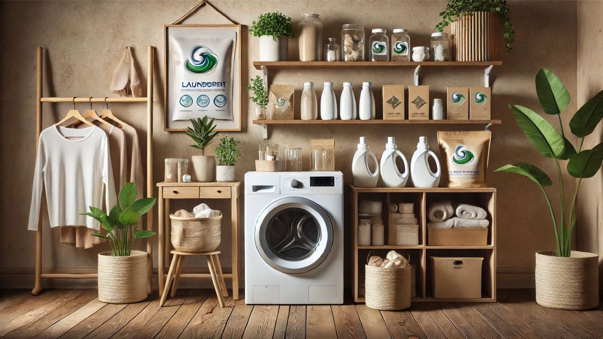 eco-conscious laundry room, reflecting sustainable living through minimalist design, natural materials, and eco-friendly detergent options