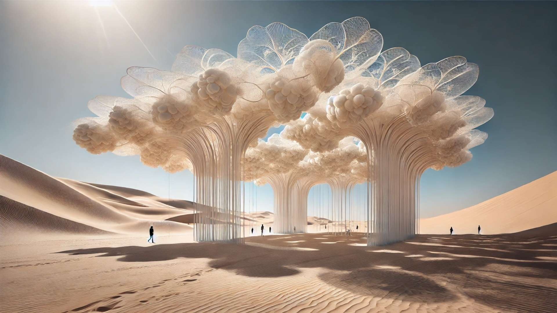 Ethereal white pavilion with cloud-like arches and hanging vine structures standing in the Abu Dhabi desert, casting intricate shadows across the sand dunes.