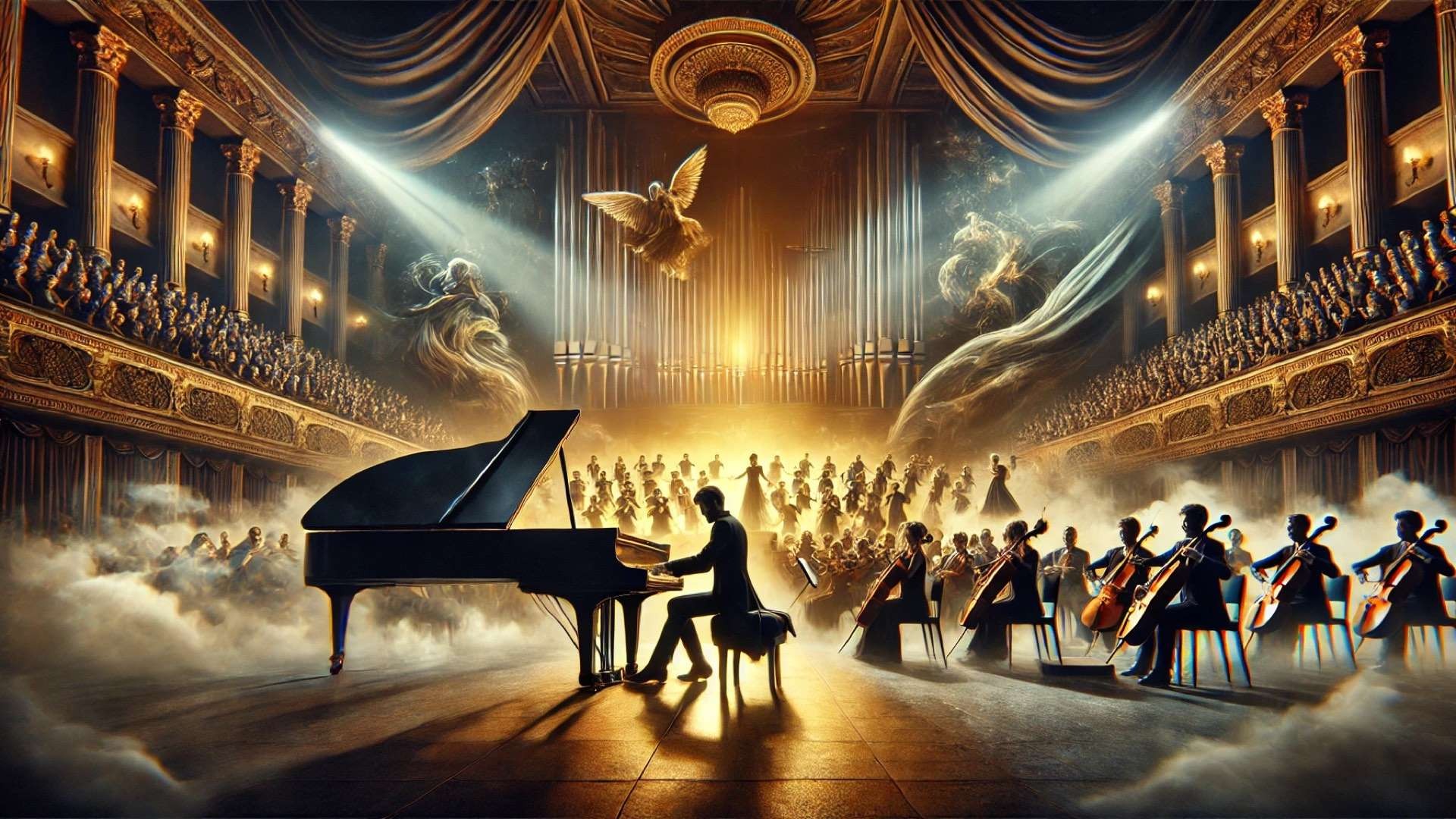 Grand concert hall transformed into a cinematic dreamscape with a pianist performing beside an orchestra and choir amid golden stage light, swirling fabric, and theatrical haze.