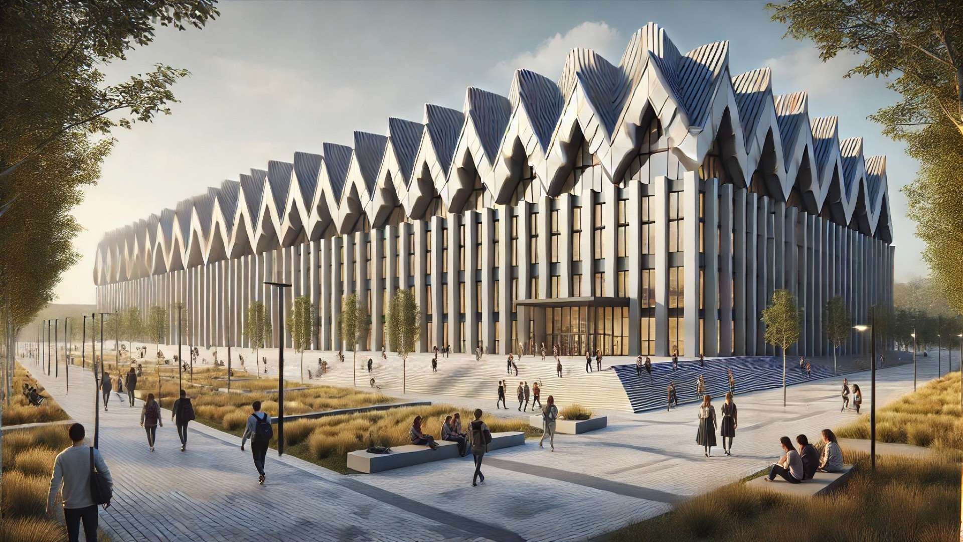 Modern university building with a repeating sawtooth roof and vertical metal façade, surrounded by landscaped paths and students walking and gathering in an open campus plaza.