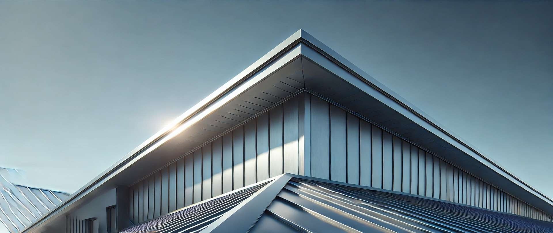 Wide modern roofline under a pale blue sky, sunlight glinting on metallic ridges to symbolize visibility and opportunity.