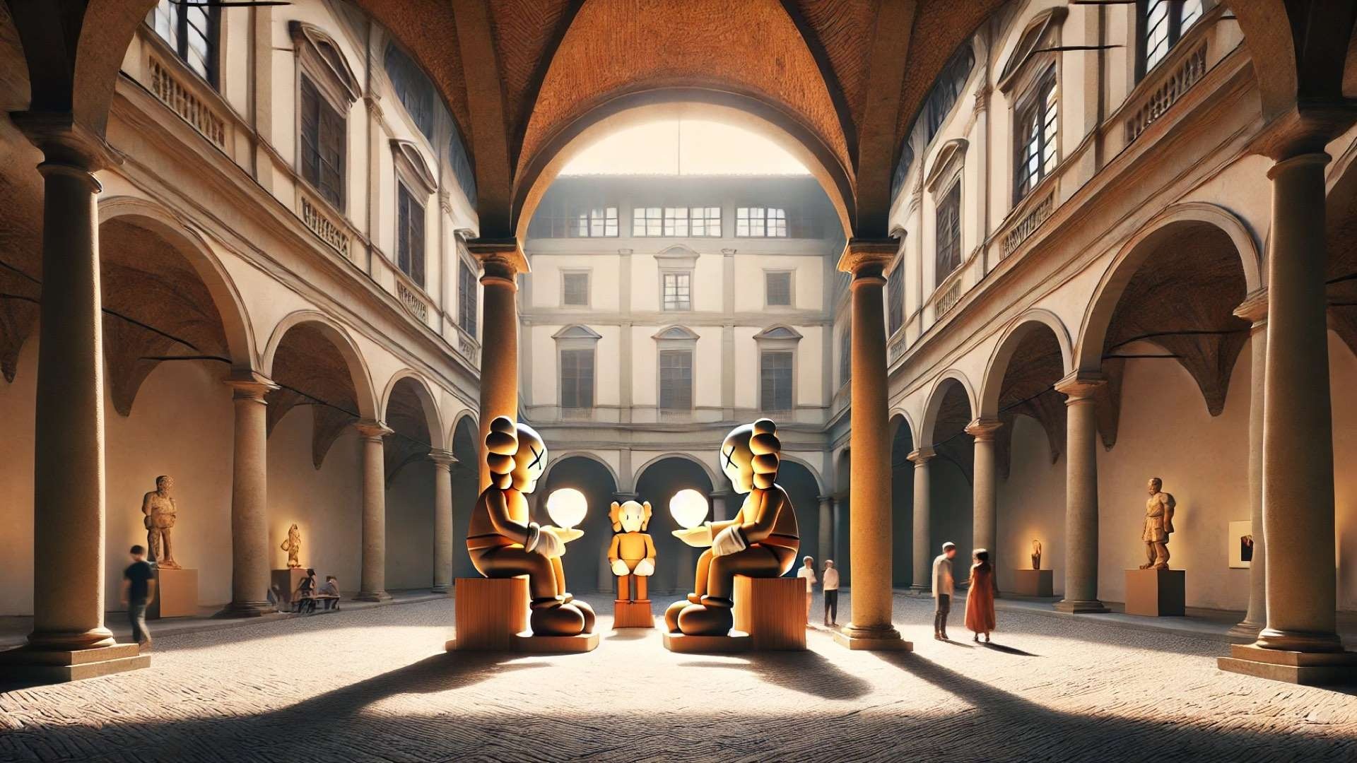 KAWS’s large-scale wooden installation in a Renaissance-inspired courtyard, capturing the harmony between contemporary art and historical architecture
