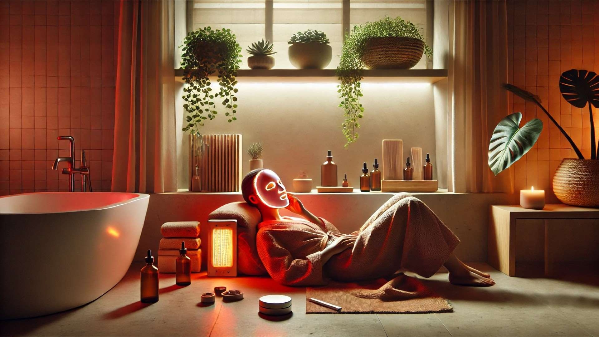 Serene bathroom wellness scene with a person reclining in a glowing red light therapy mask, surrounded by plants, reusable skincare bottles, candles, and minimal natural materials.