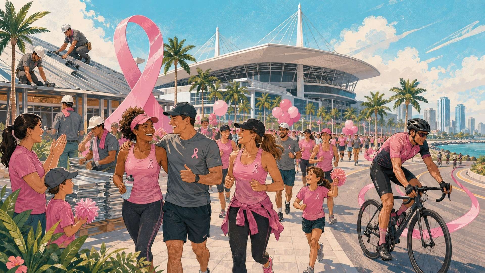 Participants run, walk, and cycle near a Miami stadium during a pink-ribbon charity event, with roofing workers and families shown supporting cancer research.