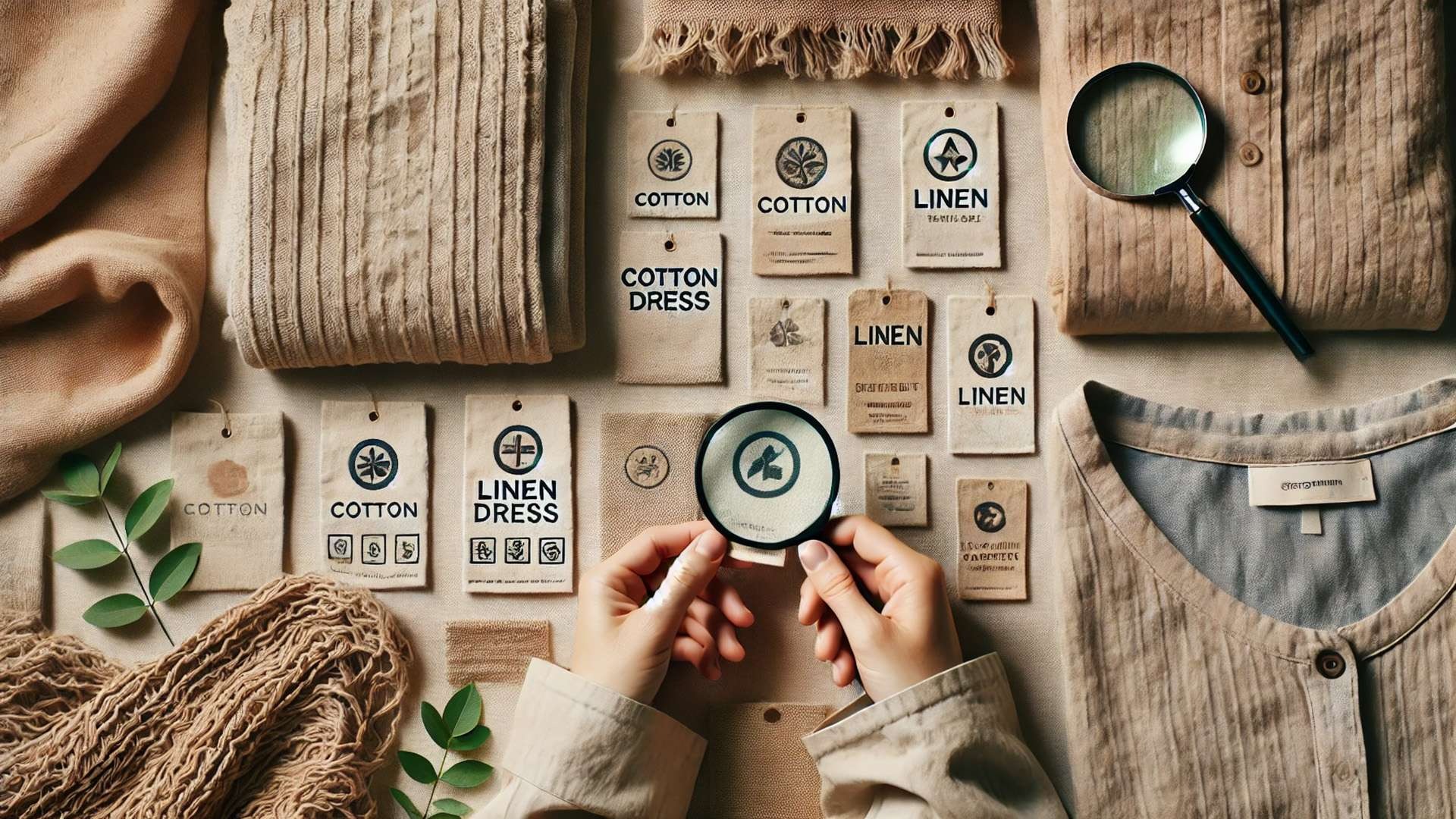 Hands using a magnifying glass to examine fabric tags among neatly arranged garments in neutral tones, highlighting textures and sustainable materials.