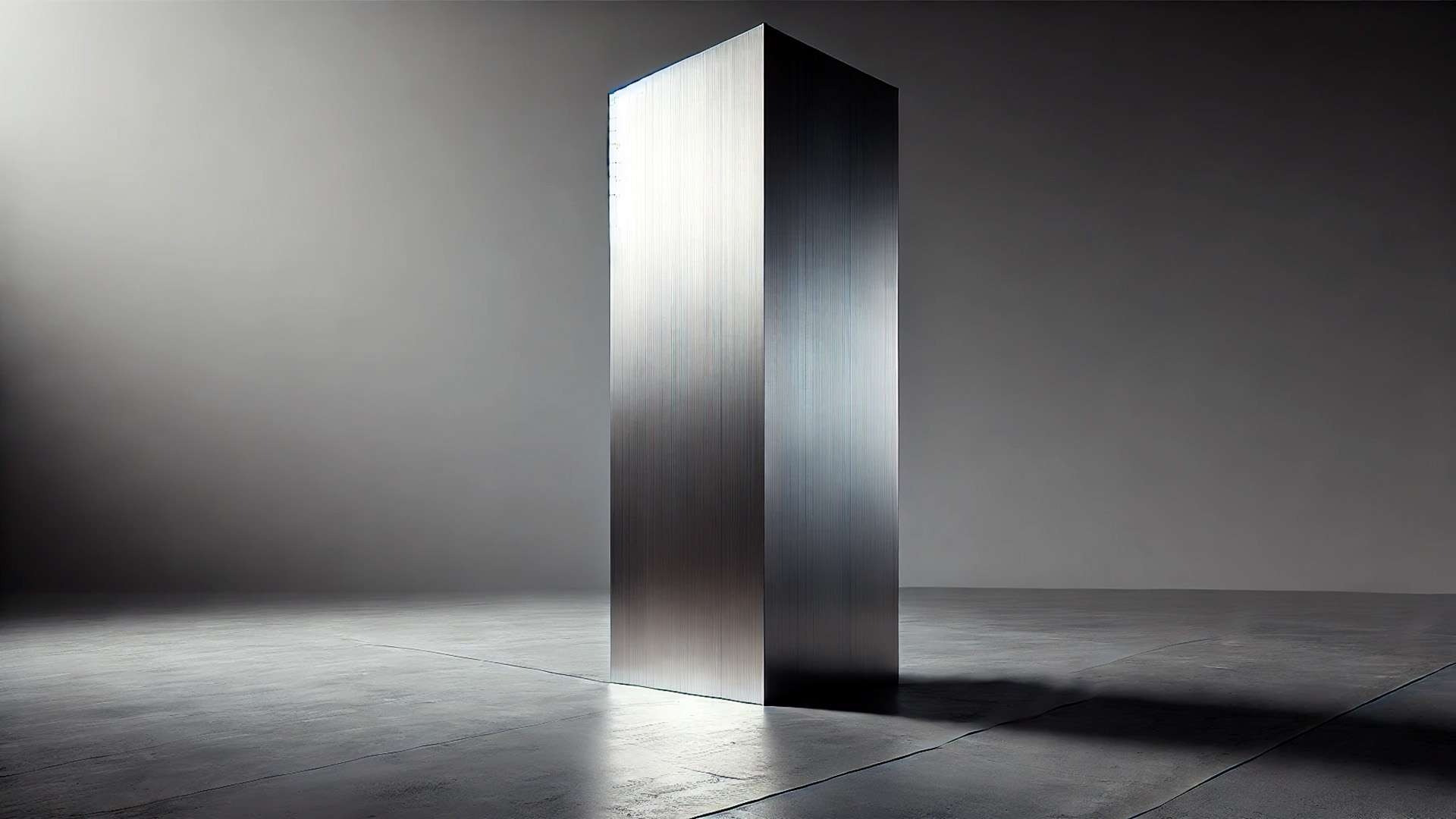 A tall, rectangular metallic monolith standing alone in a minimalist, dimly lit room with a soft shadow cast on the floor.