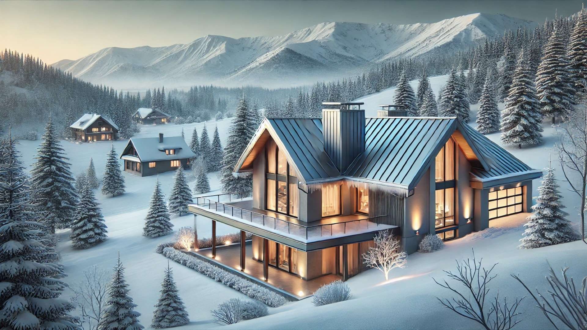 high-end home featuring a modern metal roof—emphasizing snow-shedding design, warmth, and durability in a cold climate