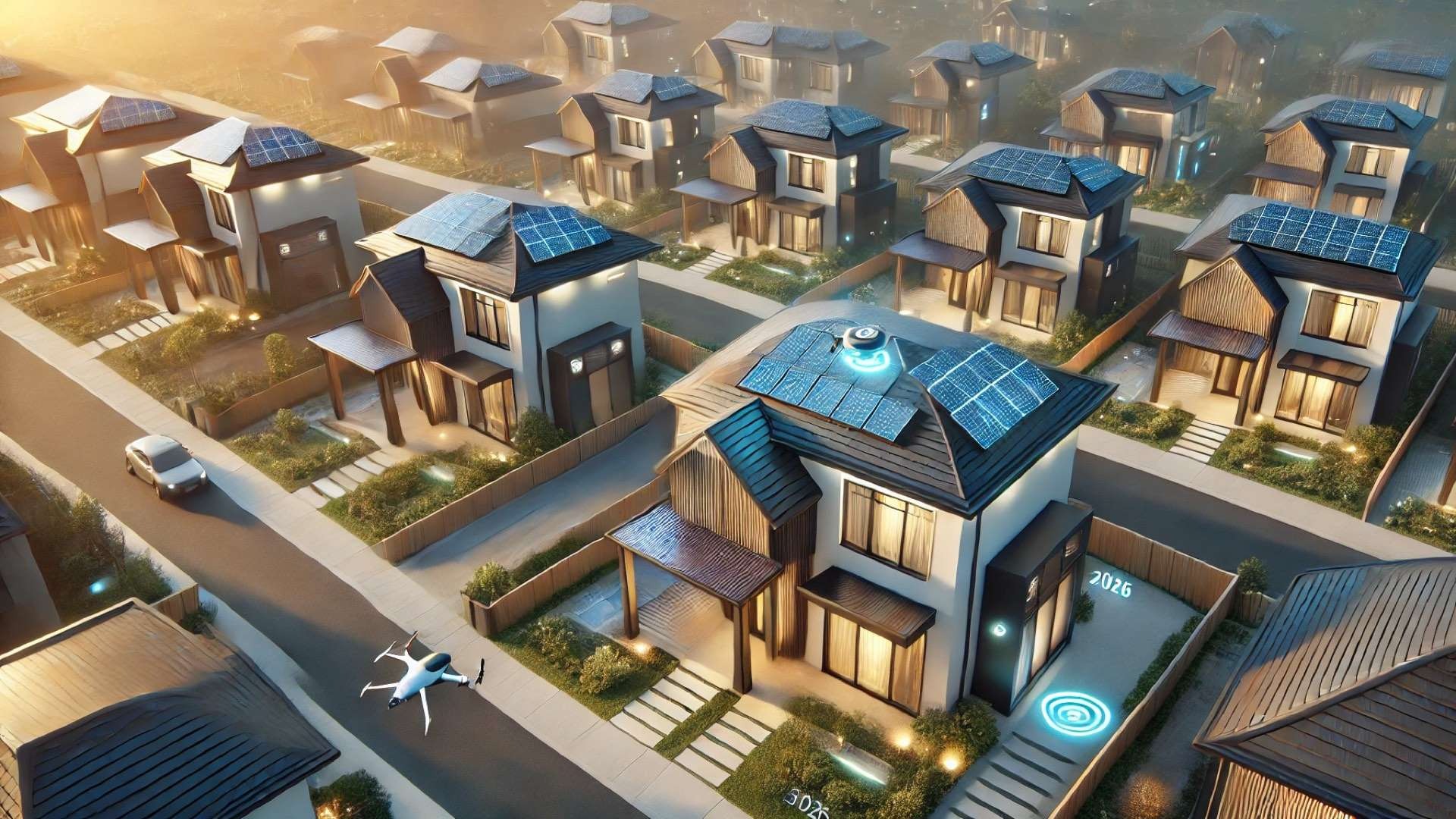 depicting smart roofing technology in upscale homes of 2026, complete with solar shingles, drones, and sleek futuristic design elements