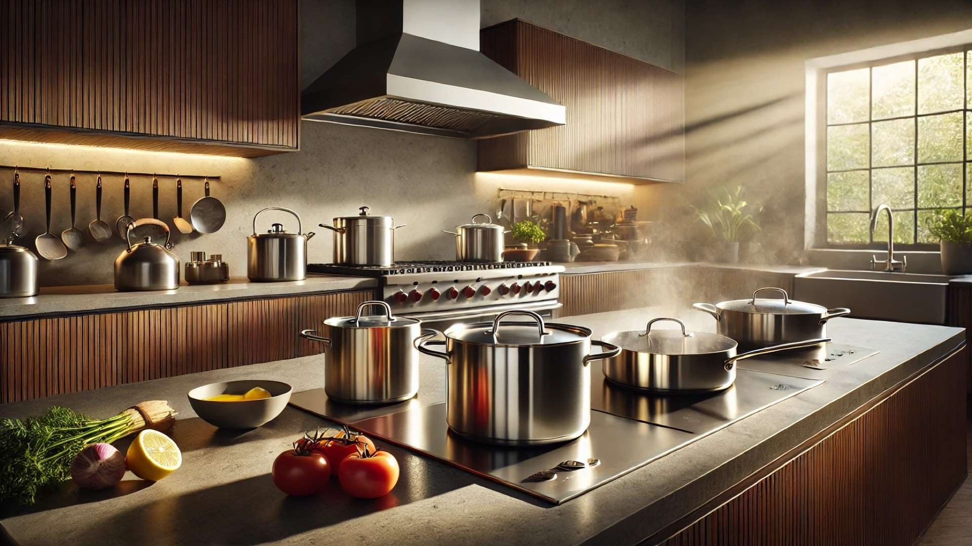 Elegant contemporary kitchen with premium stainless steel cookware on an induction cooktop, illuminated by warm sunlight and surrounded by walnut cabinetry and fresh ingredients.