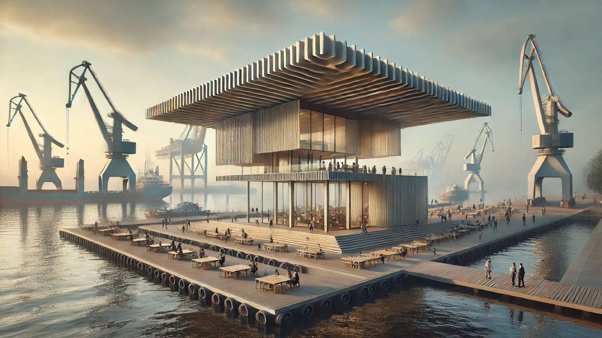 Layered contemporary pavilion with deep horizontal roof planes and recessed glazing, integrated into an industrial waterfront promenade with cranes and terraces.