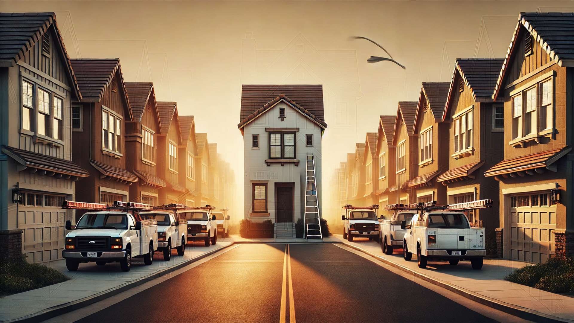 Central home framed by evenly spaced contractor trucks, with strong symmetry and negative space emphasizing strategic focus.