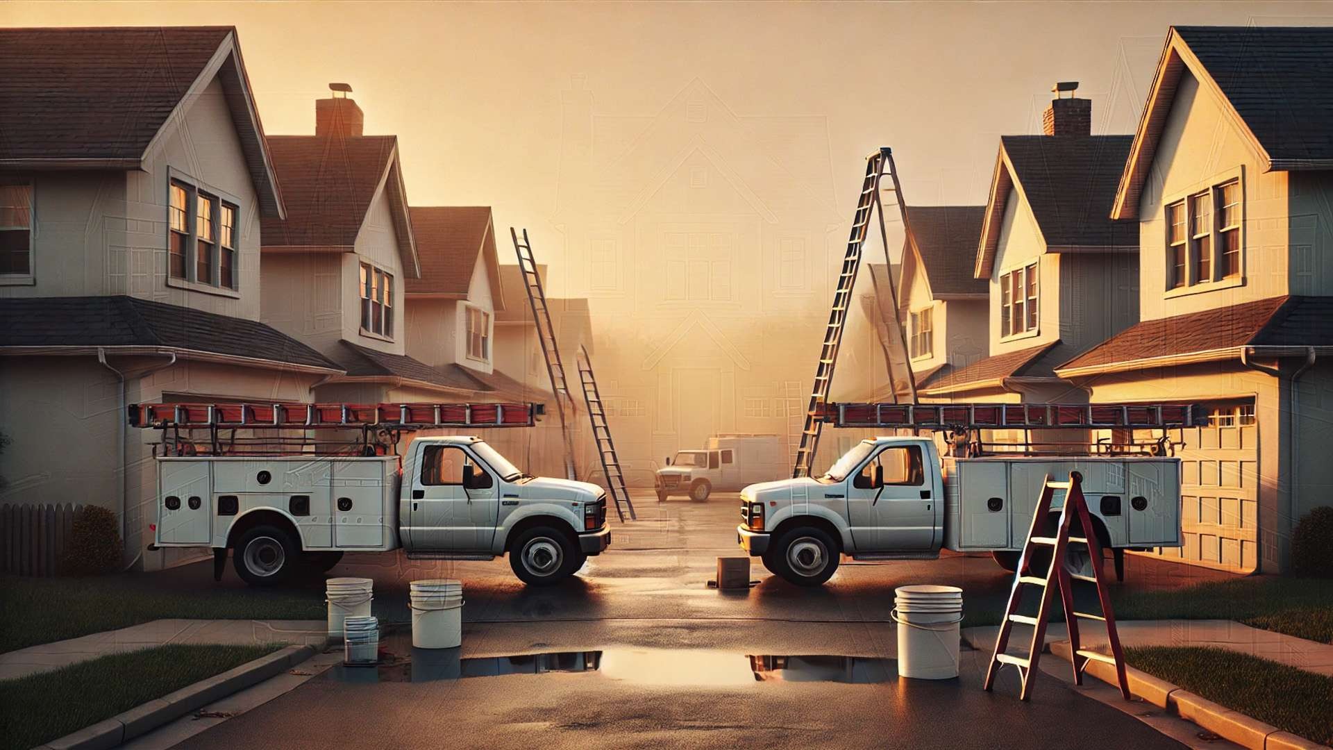 Contractor trucks and ladders arranged in a balanced suburban setting, with warm light and long shadows suggesting structural precision and financial tension.