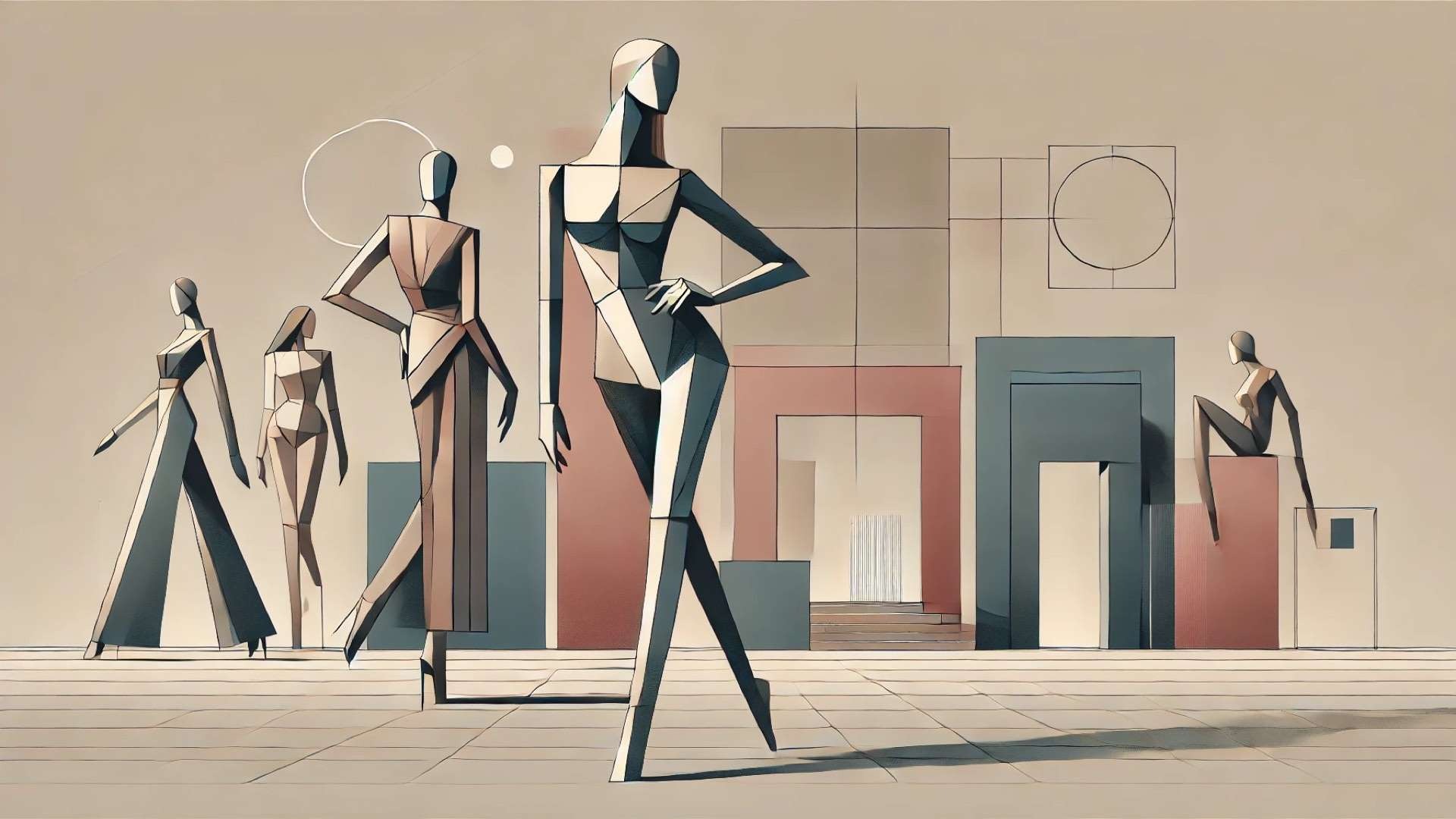Minimalist geometric illustration of faceless fashion figures posed in an architectural setting, with clean lines, muted tones, and abstract shapes forming a structured backdrop.