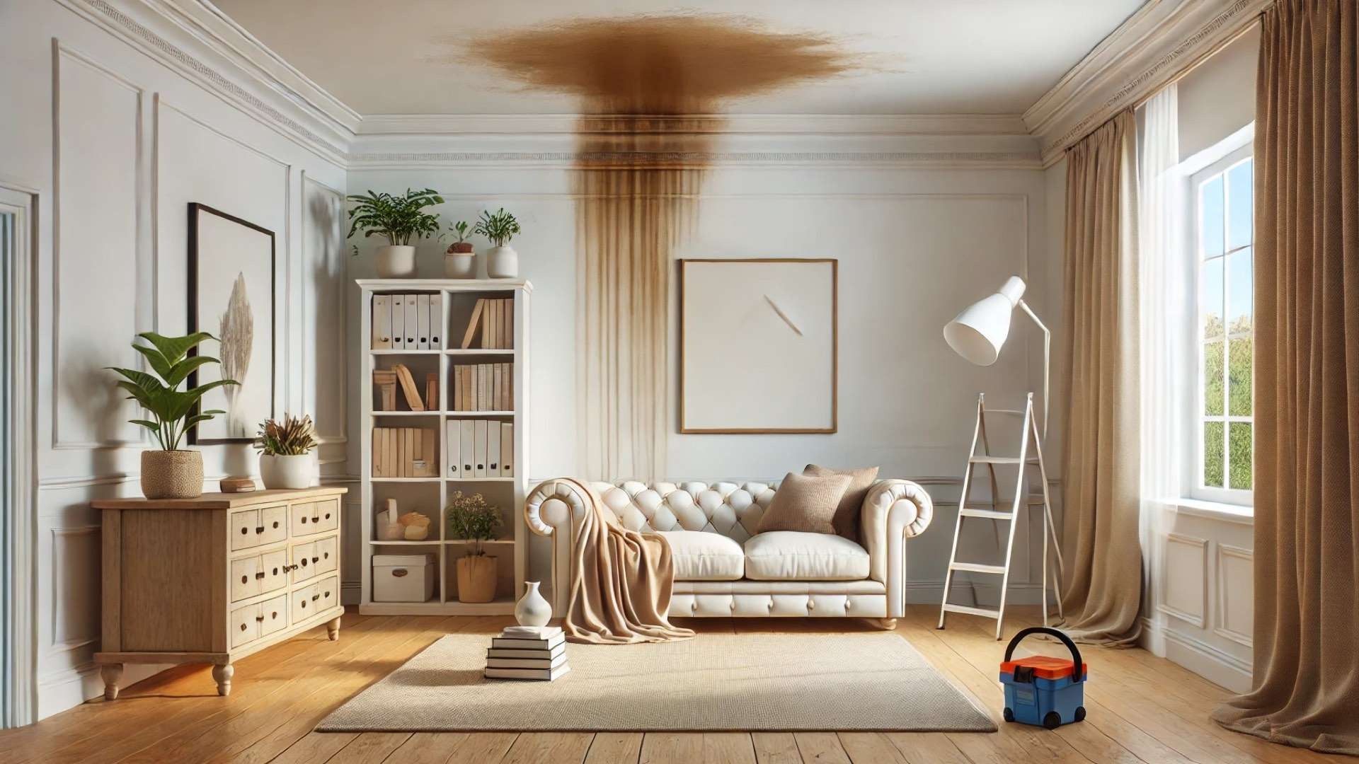cozy interior with realistic brown ceiling stains caused by water damage